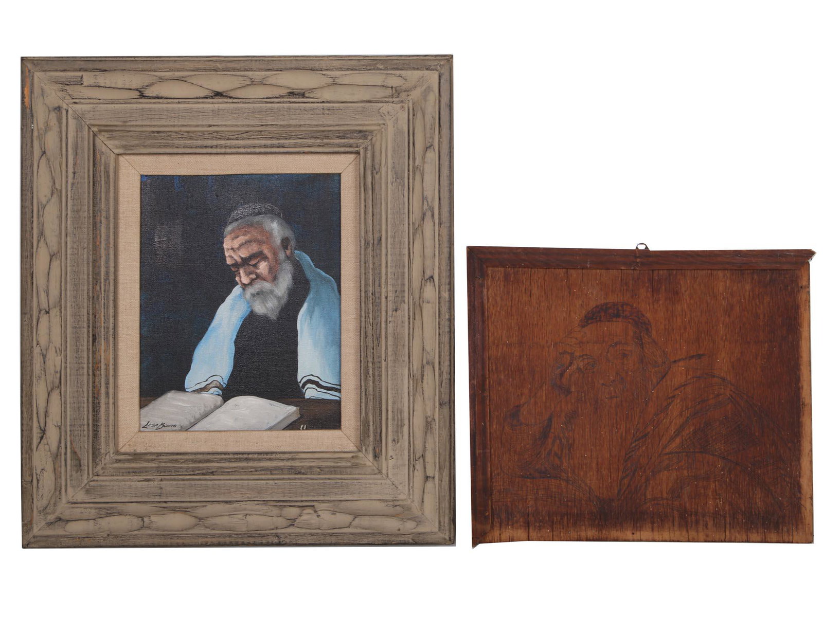 JUDAICA PAINTING ON CANVAS AND DRAWING ON WOOD: A lot of two judaica artworks from the 1970s. One is an oil male portrait on canvas signed lower left by Lisa Booth. Booth's typed biographical information is stapled to the back. Framed. The other is