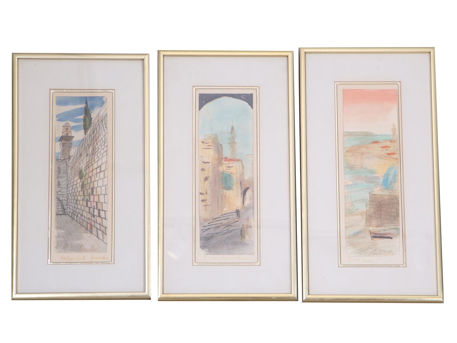 THREE JUDAICA ISRAELI MIXED MEDIA PAINTINGS SIGNED (1 of 8)