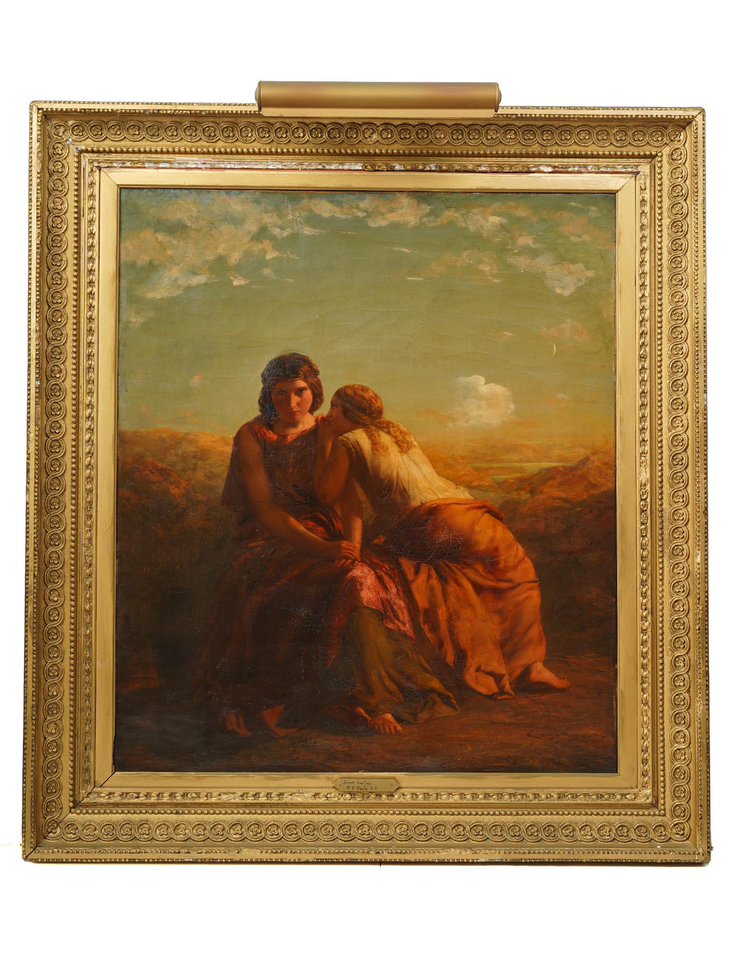 BRITISH OIL PAINTING BY PAUL FALCONER POOLE RA: Paul Falconer Poole RA (British, 1807â€“1879) oil painting on canvas, Greek Exciles. Signed lower left. Framed. A gilded plate showing the title and name of the artist lower to the center on the 