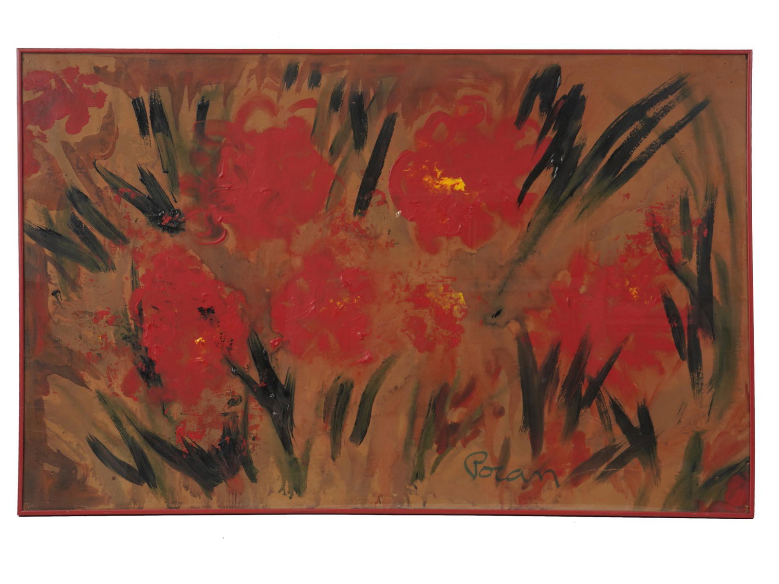 ABSTRACT OIL PAINTING RED FLOWER SIGNED BY GORAN (1 of 4)