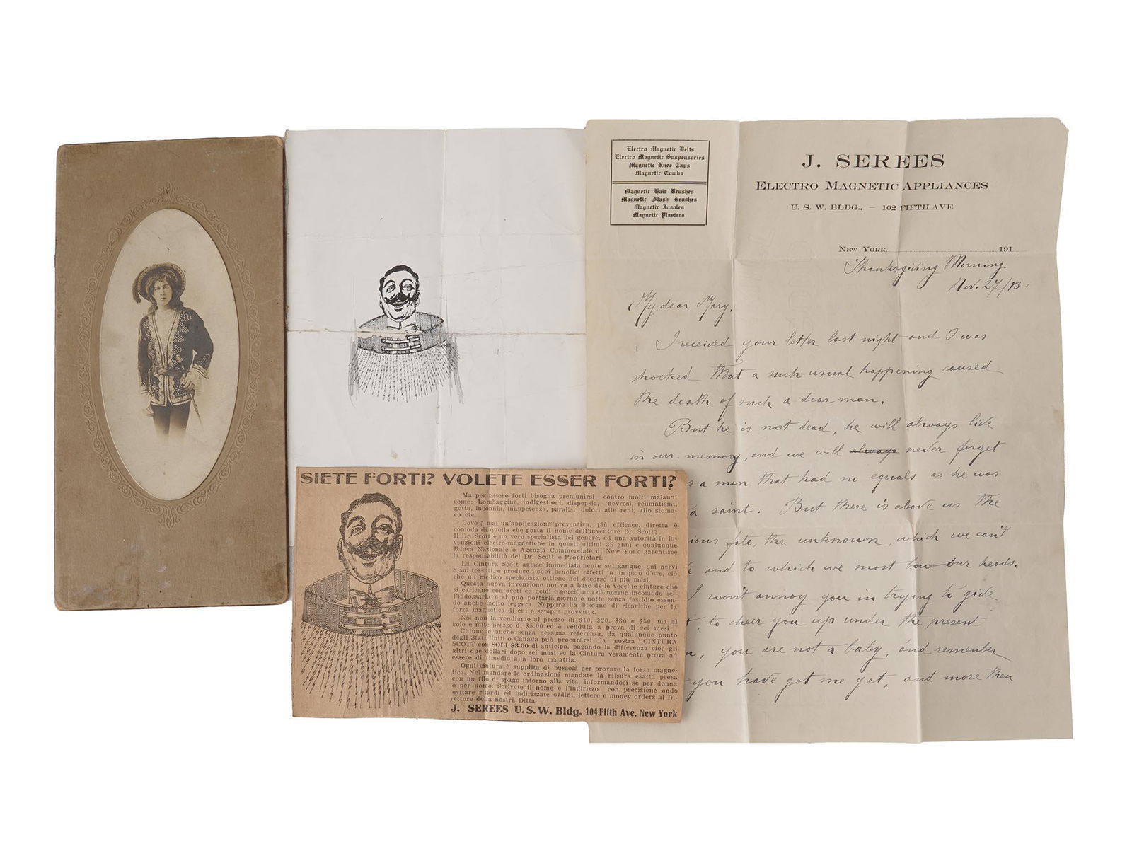 ANTIQUE SKETCH PAINTING LETTER SIGNED BY ANTONINI: A unique antique lot including an Italian ink sketch painting on paper depicting a male portrait, the same printed portrait on a newspaper sheet with a text. The lot also includes a letter from the ar