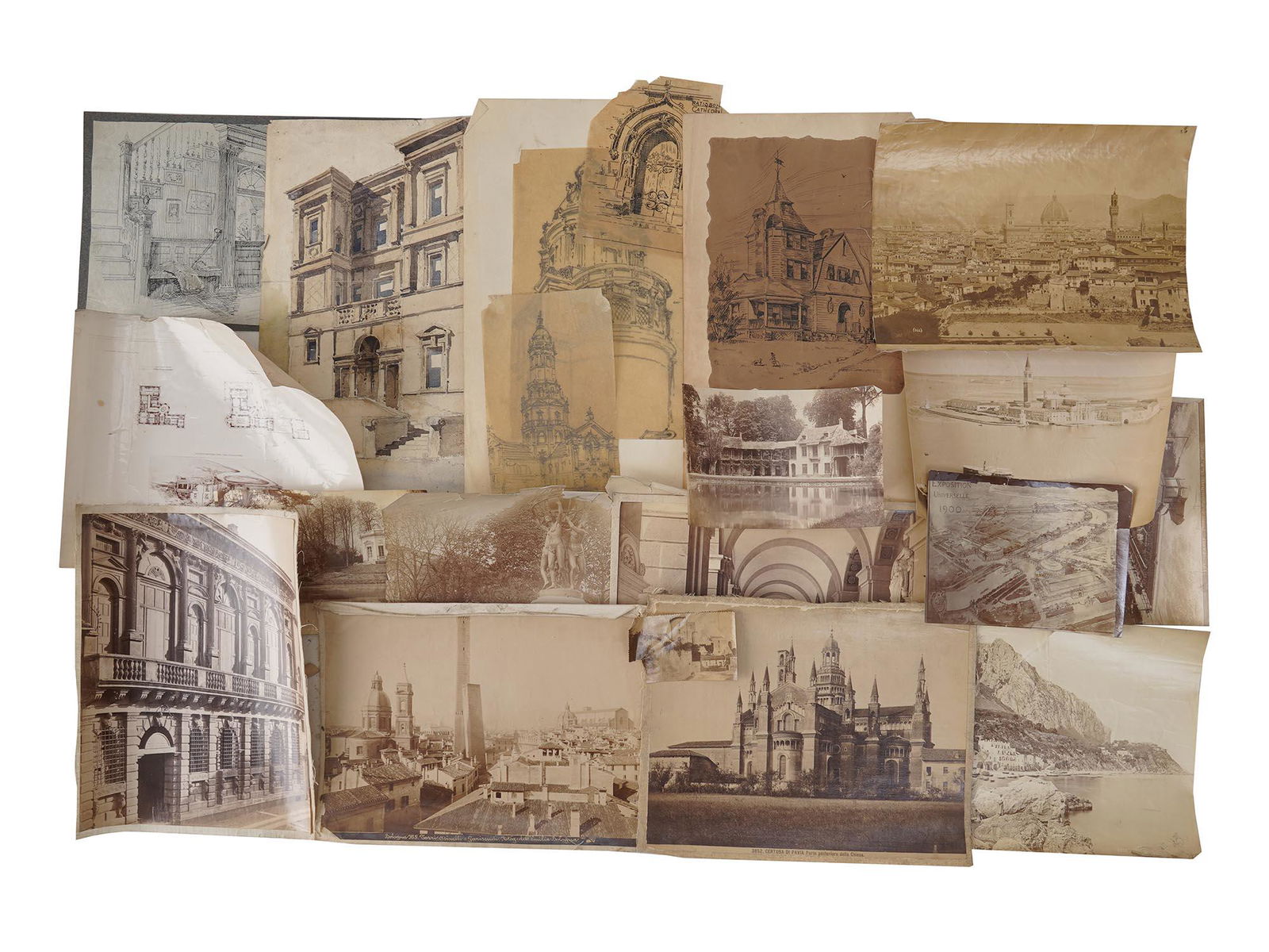 ANTIQUE ARCHITECTURE PAINTINGS SIGNED BY ANTONINI: A lot of antique Italian sketch paintings on paper in various techniques (ink, pencil, charcoal, pastel), photos, post cards depicting architectural structures. Circa: 1907. Signed by the artist, Paol