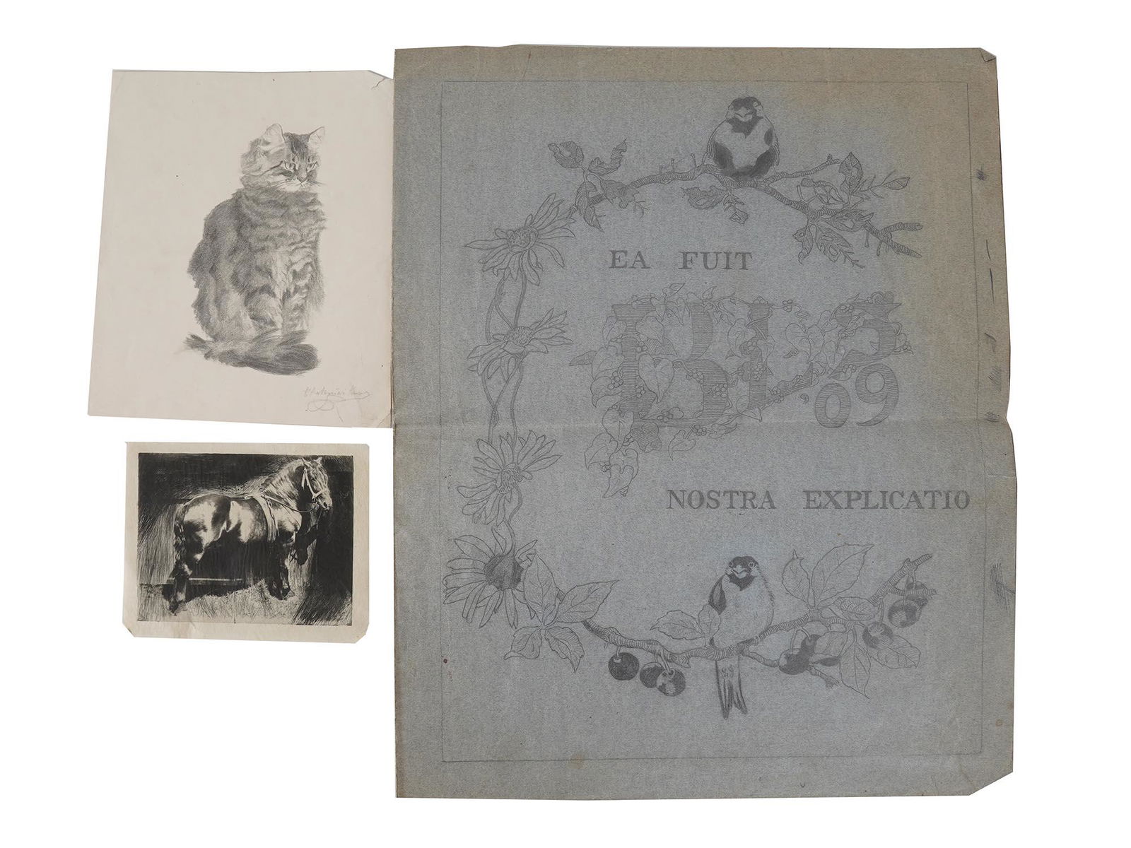 ANTIQUE ANIMAL SKETCH PAINTING SIGNED BY ANTONINI: A lot of three antique Italian animal sketch paintings on paper in various techniques (ink, ink wash, pencil, charcoal) depicting a cat, a horse, and birds on branches. Circa: 1907. Signed by the arti