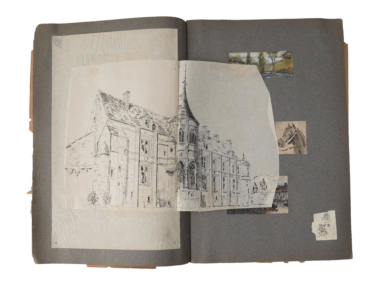 ART STUDENT ALBUM PAINTINGS SIGNED PAOLO ANTONINI: An Antique Art Students Album by the artist, Paolo Antonini. The album includes studies, sketches, paintings on paper in various techniques depicting various architecture, patterns, animal studies, an