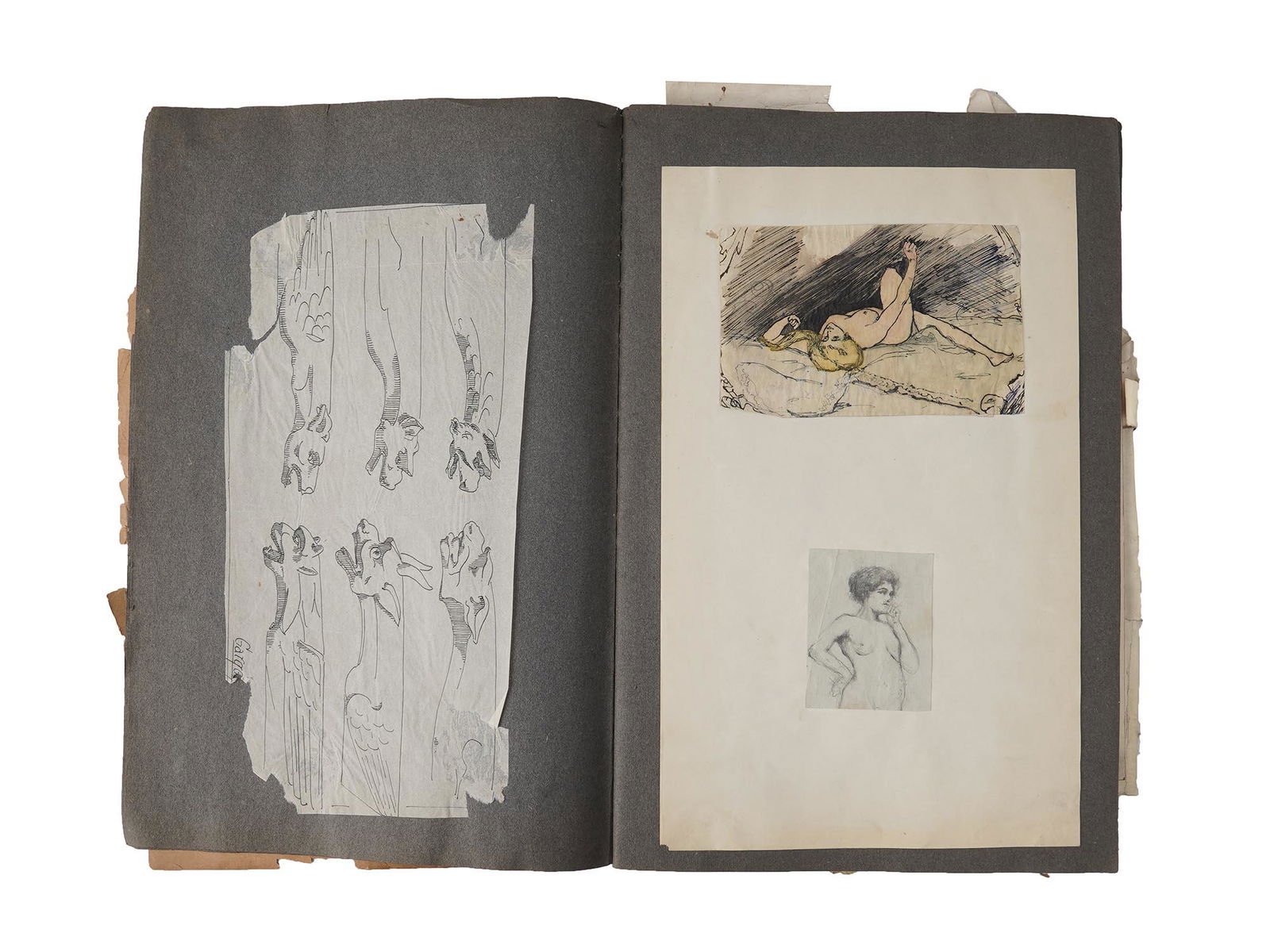 ART STUDENT ALBUM PAINTINGS SIGNED PAOLO ANTONINI: An Antique Art Students Album. The album includes studies, sketches, paintings on paper in various techniques depicting various human studies, and printed reproductions depicting landscape and rural v