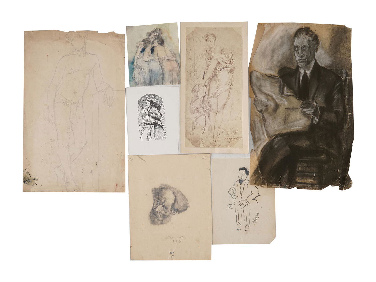ANTIQUE HUMAN STUDIES PAINTINGS SIGNED P ANTONINI: A lot of seven antique paintings on paper in various techniques (ink, pencil, charcoal, pastel) depicting various human studies, male and female portraits in academical, impressionist and caricature s