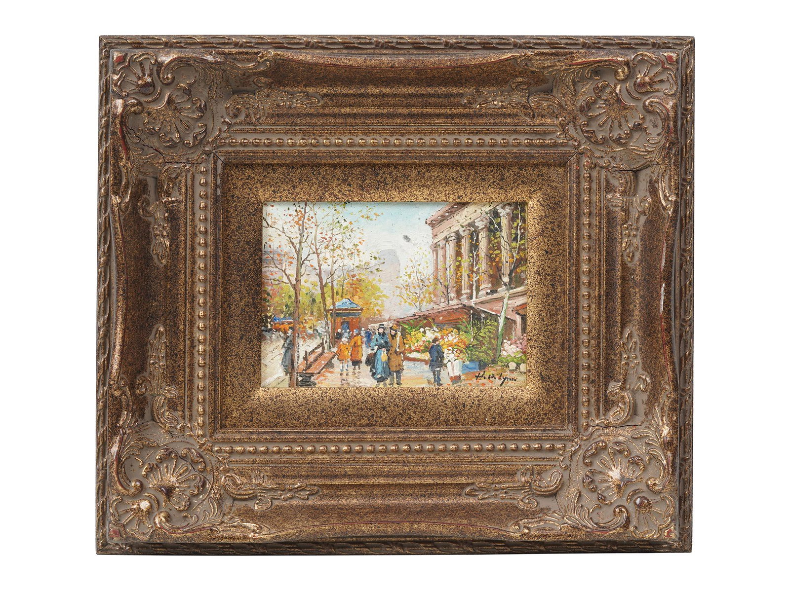 AMERICAN OIL PAINTING STREET SIGNED BY H Q LYNN: An American oil painting on wood board, Flower Market. Signed by the artist, H. Q. Lynn, lower right. Framed. The original paper label of Marlin Art is on the back. Provenance: Malverne Art Auction, N