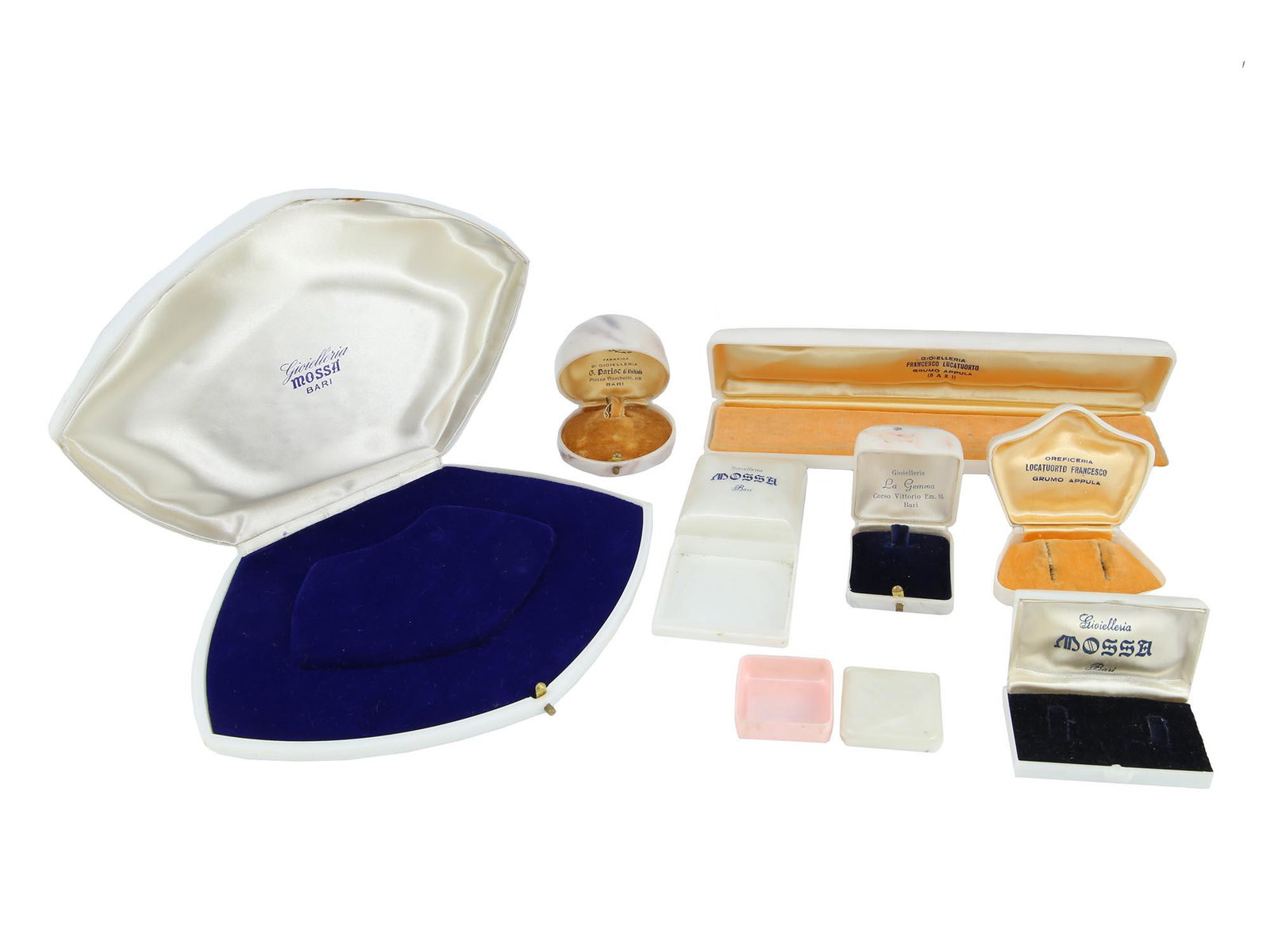 COLLECTION OF MID CENTURY CELLULOID JEWELRY BOXES: A collection of various Mid century Gioielleria Bari celluloid jewelry boxes. The boxes are made in various sizes and shapes. Also marked Mossa, La Gemma, Locatuorto francesco Grumo Appula, and others