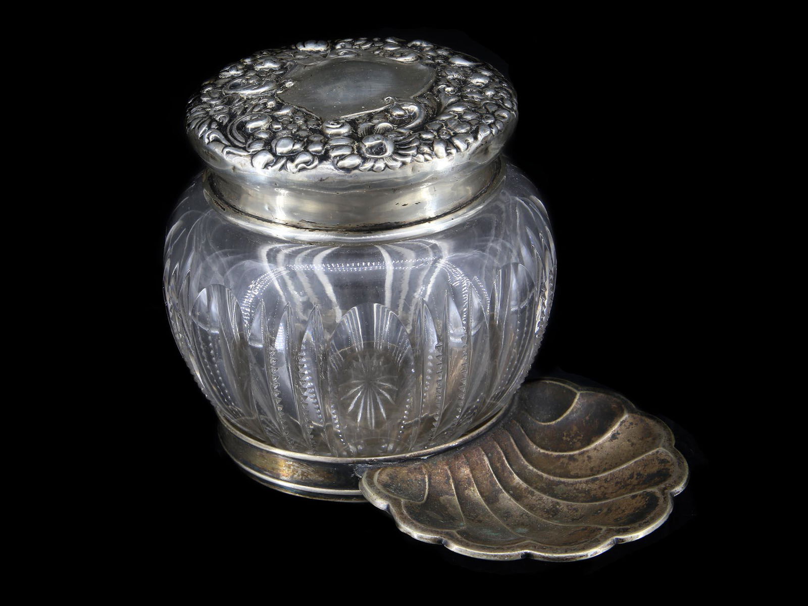 STERLING SILVER AND CUT CRYSTAL GLASS JAR W STAND (1 of 6)