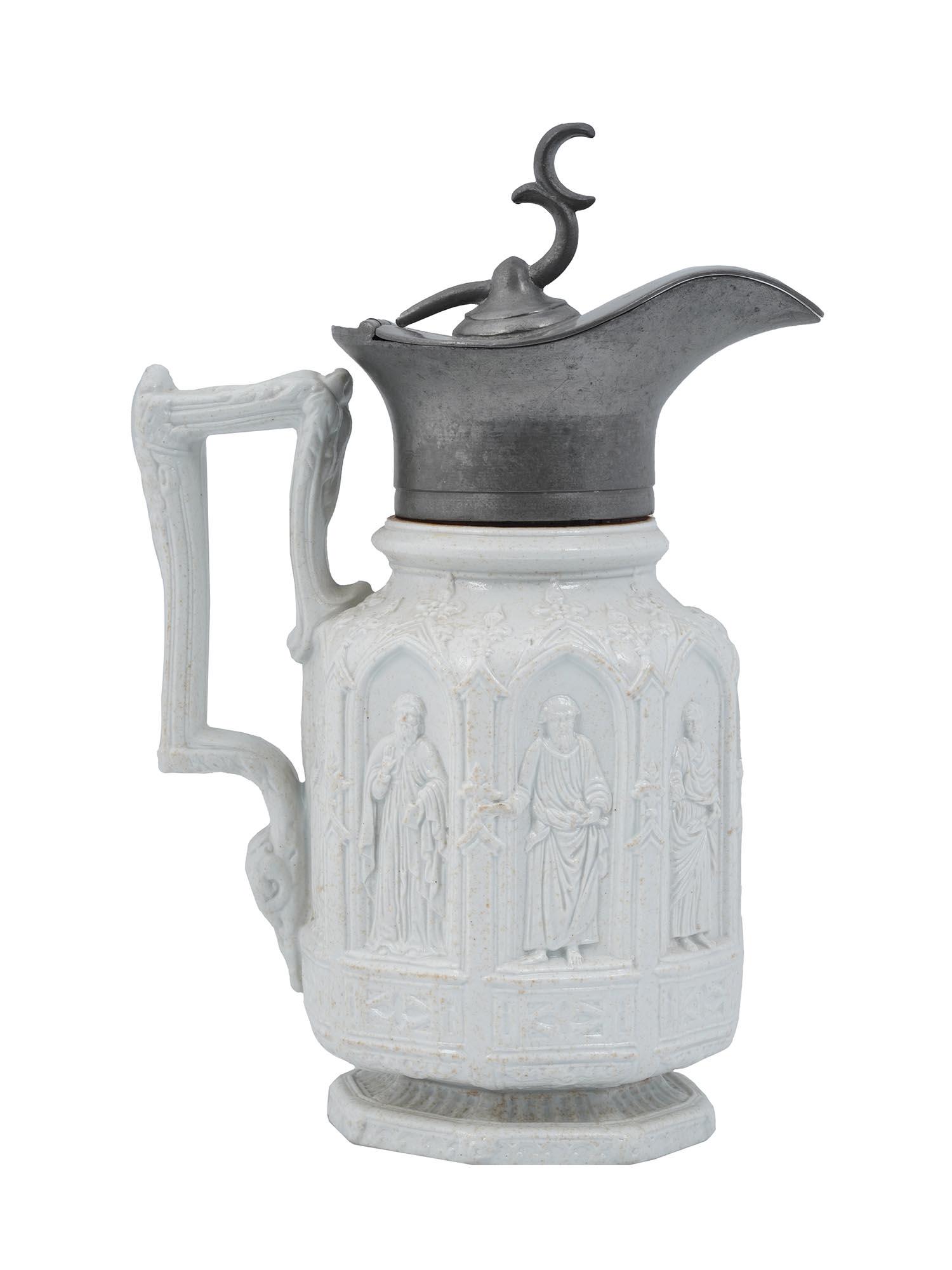 ANTIQUE VICTORIAN STONEWARE PEWTER APOSTLES JUG (1 of 6)