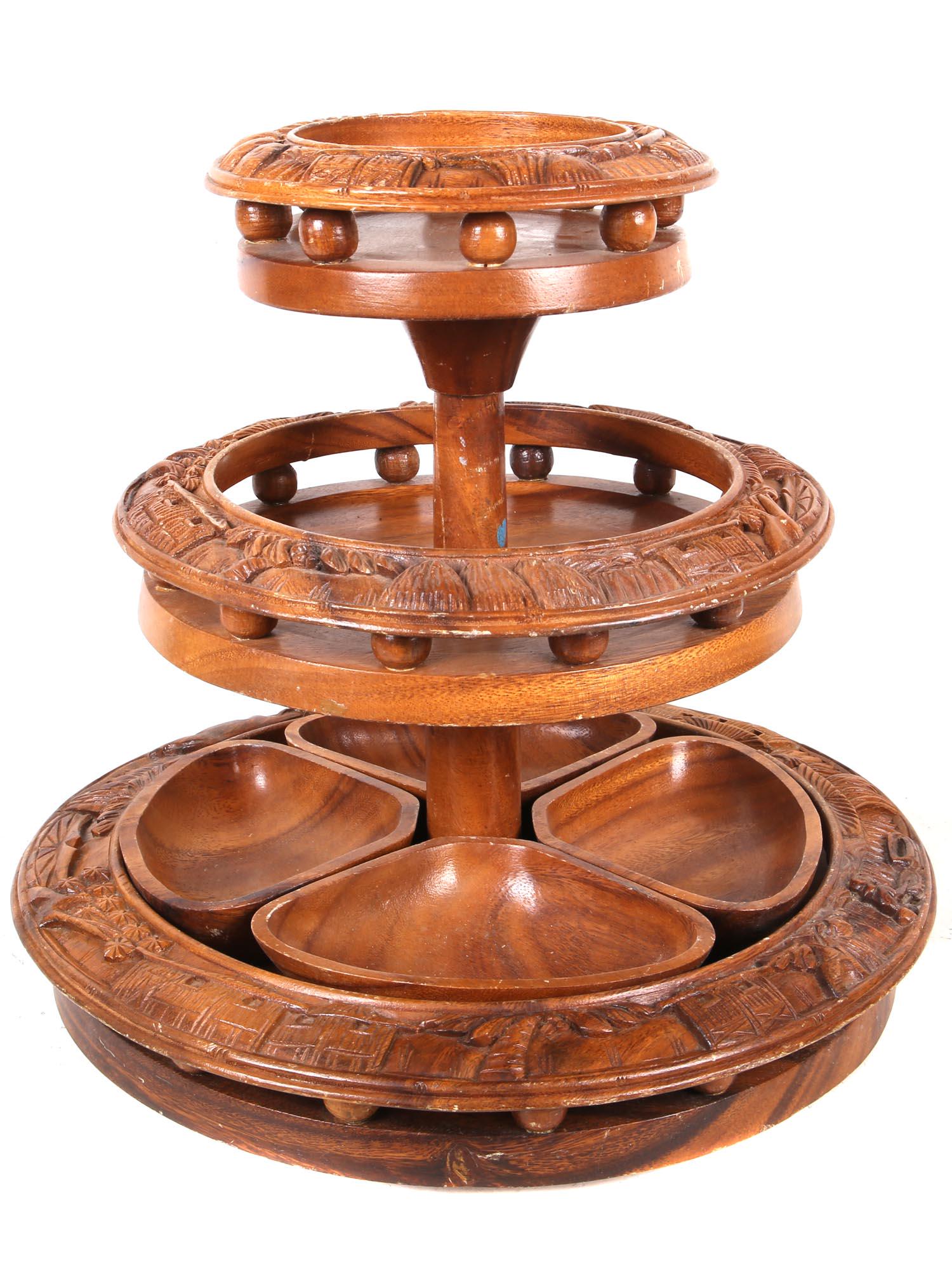 VINTAGE VIETNAMESE WOODEN 3 TIER SERVING TRAY (1 of 7)