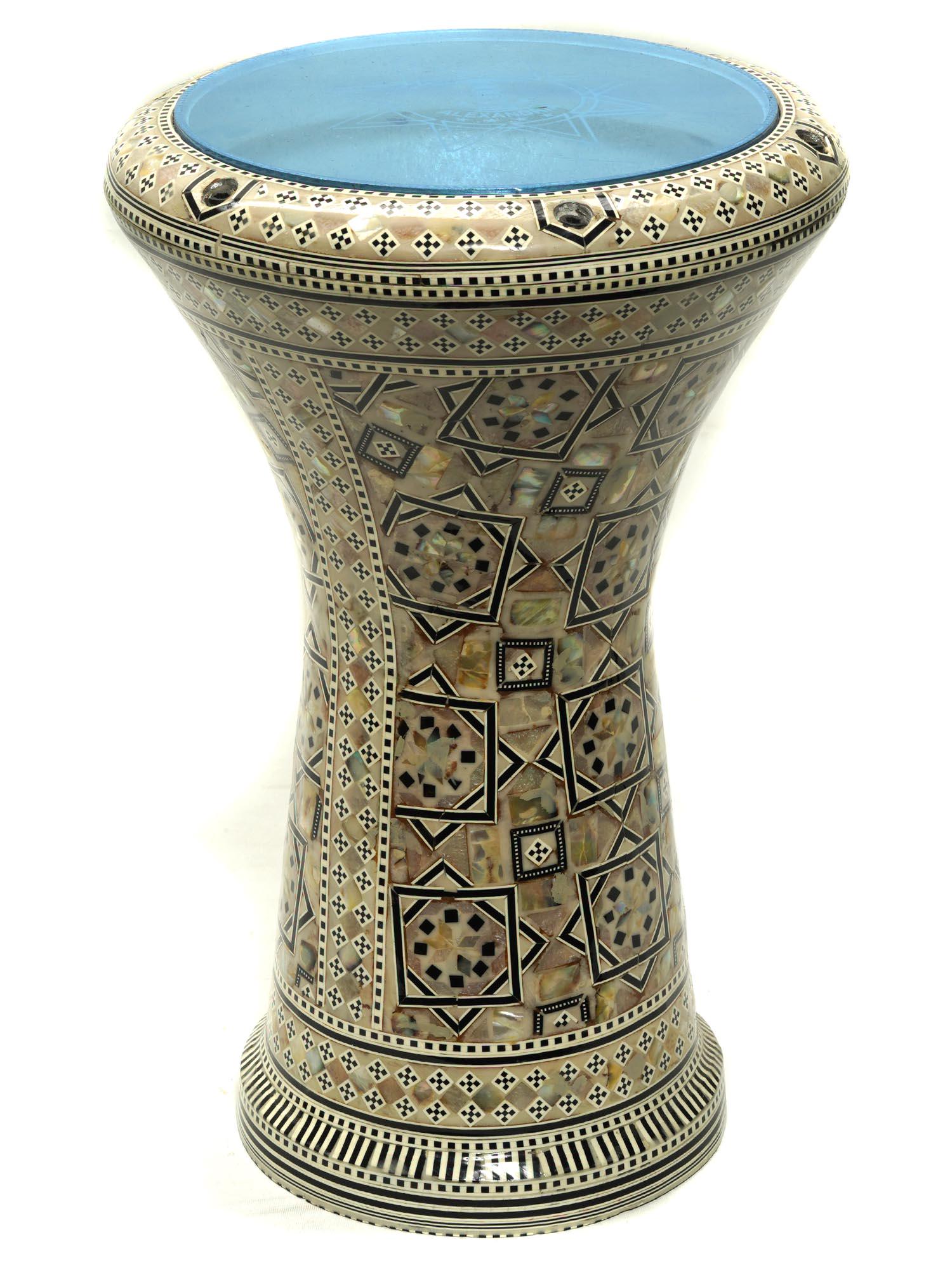 AN EGYPTIAN MOTHER OF PEARL INLAID DARBUKA DRUM (1 of 6)