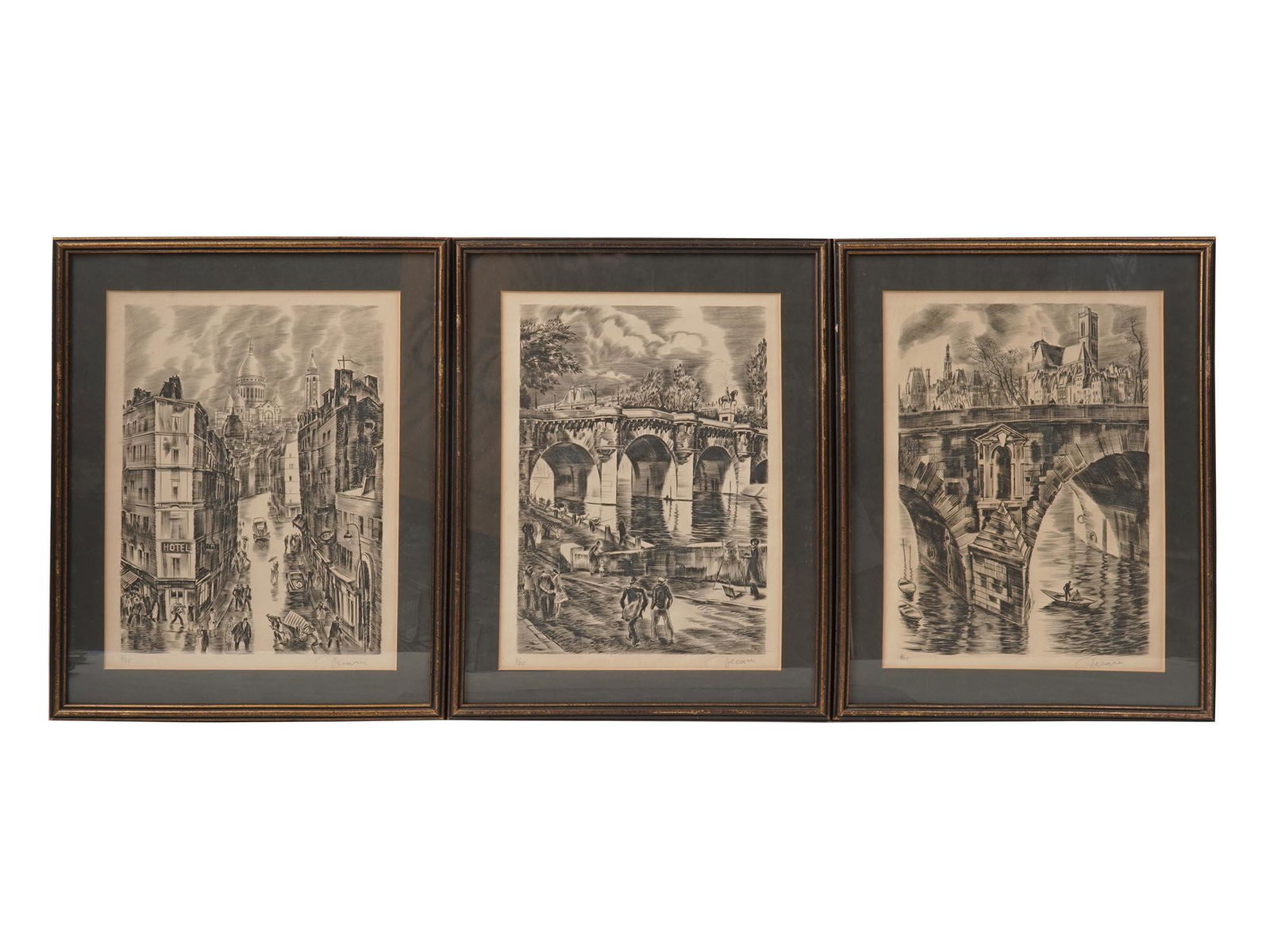 ALBERT DECARIS THREE VINTAGE SIGNED LITHOGRAPHS: A collection of three limited edition hand signed lithographs by Albert Decaris. Untitled, possibly depicting the Parisian street scenes. All three lithographs are signed in pencil on the lower right