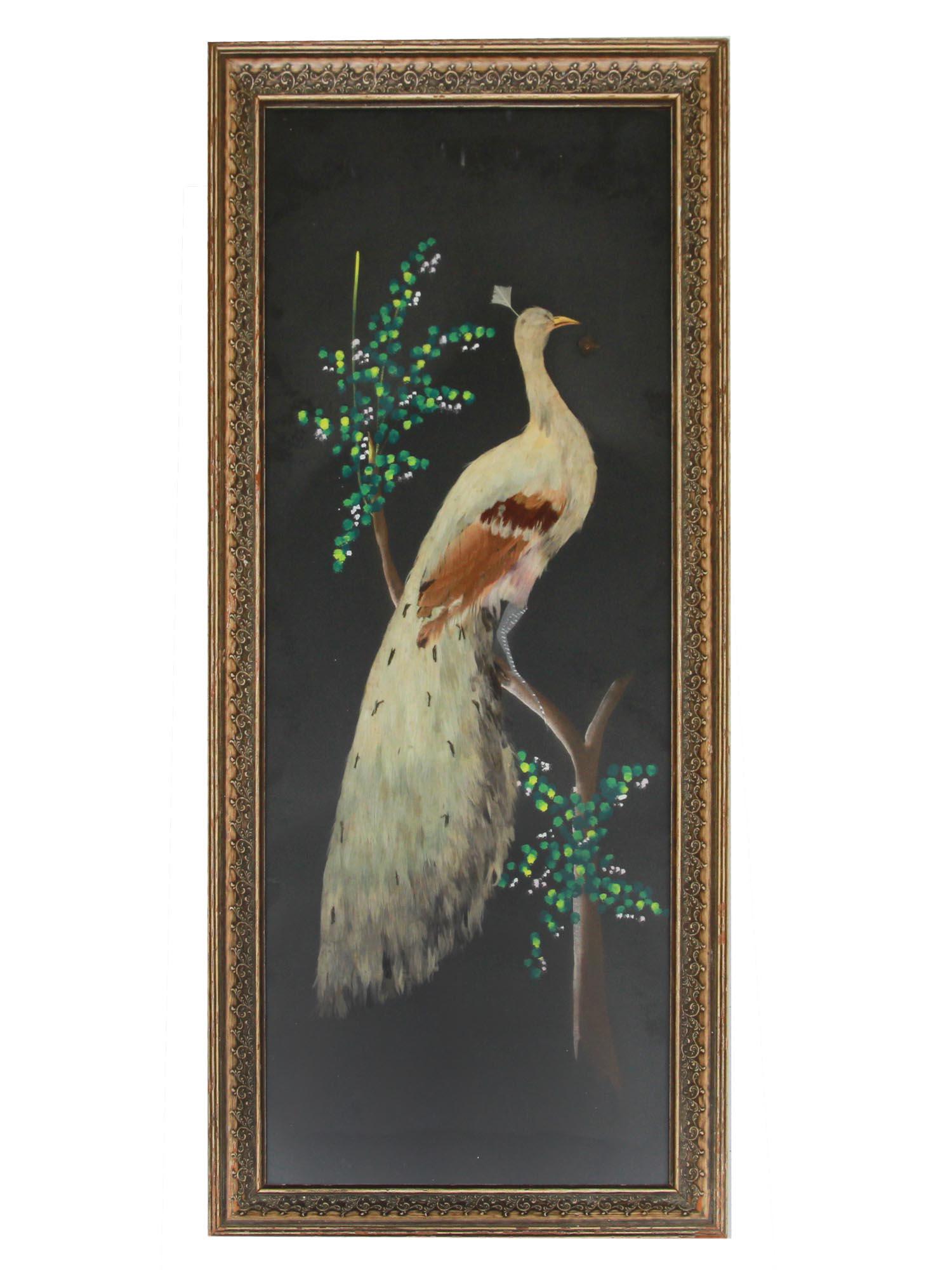 VINTAGE MIXED MEDIA PEACOCK PAINTING REAL FEATHER (1 of 2)