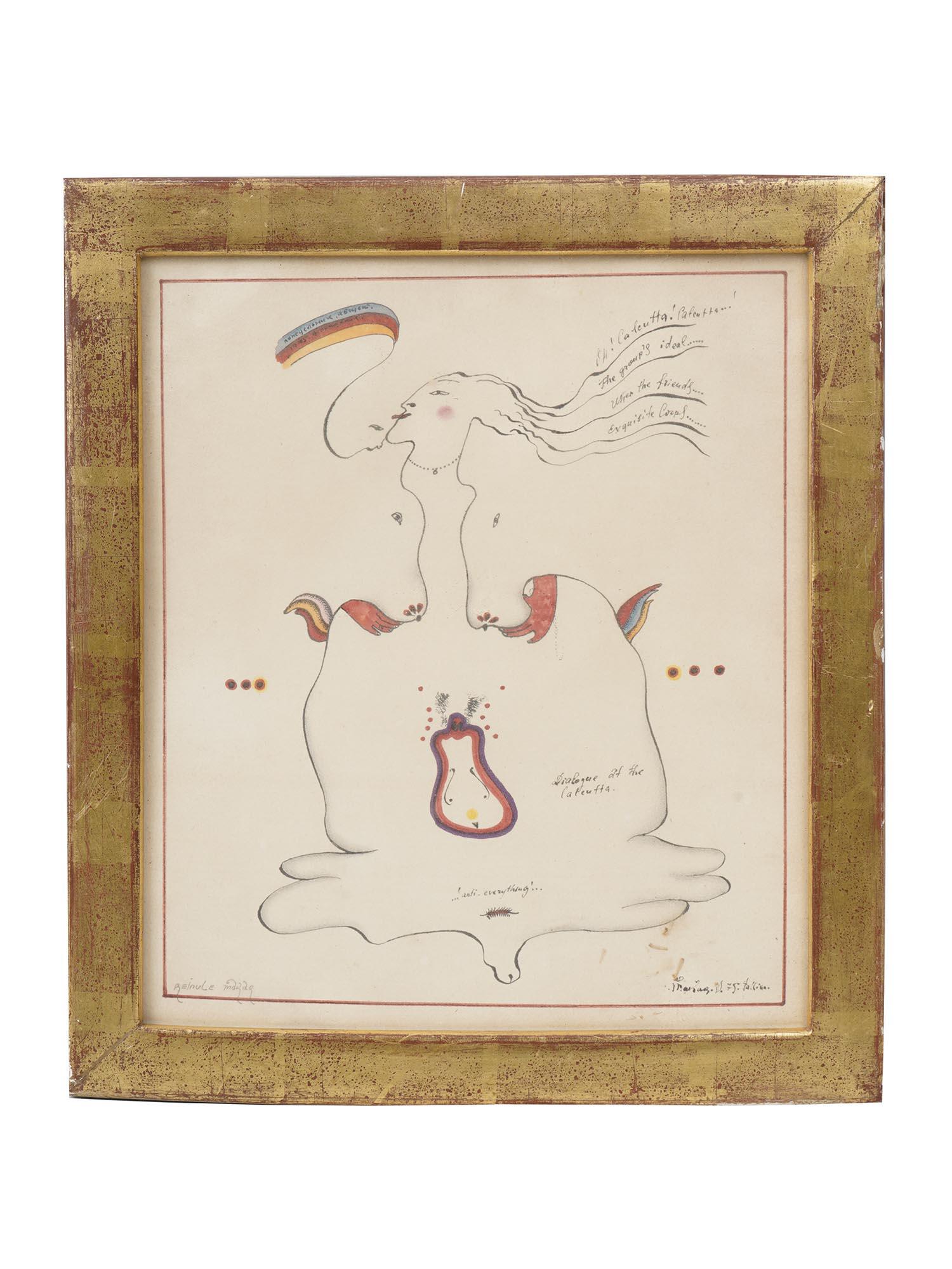 SOVIET MIXED MEDIA PAINTING BY VLADIMIR MAKARENKO: Vladimir Makarenko (Ukrainian, Russian Soviet, born 1943) surreal mixed media painting on paper, Dialogue at the Calcutta, 1975. Signed and dated lower right. Inscribed lower left. Titled to the cente