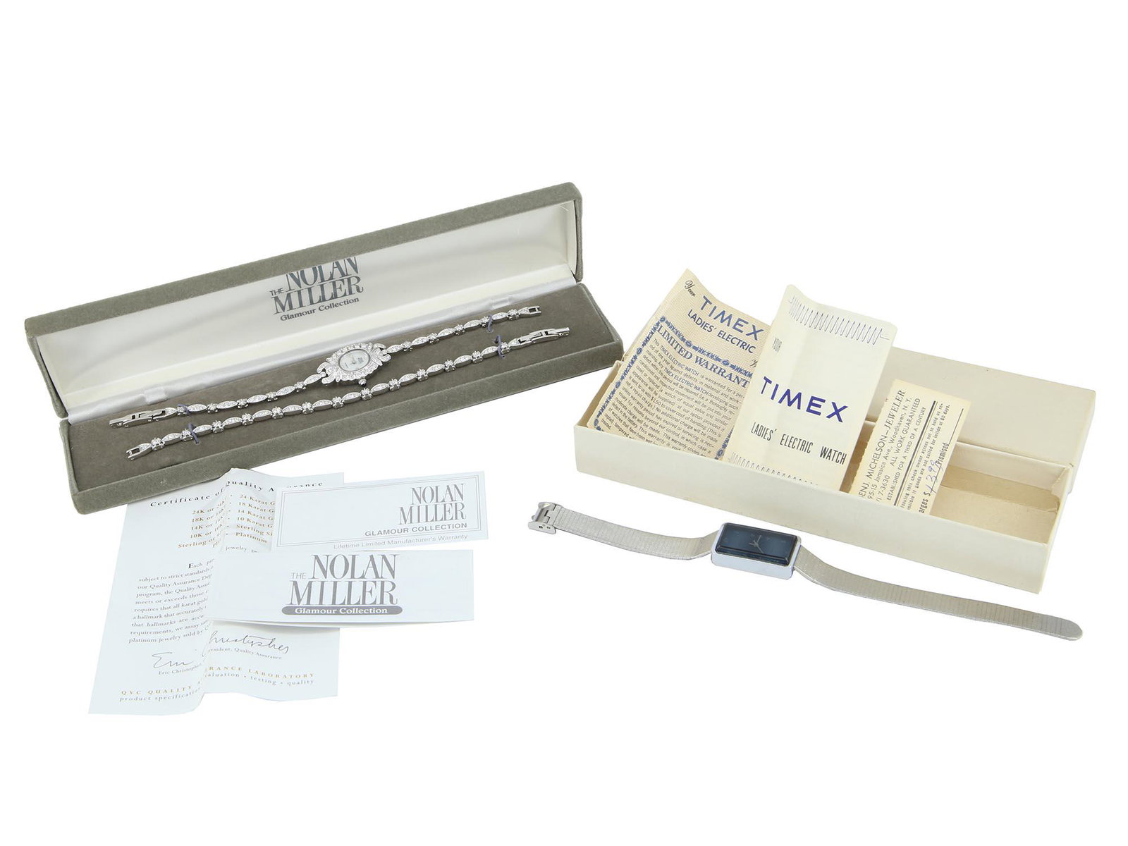 A PAIR OF NOLAN MILLER AND TIMEX WRIST WATCHES: A pair of Nolan Miller and Timex wrist watches. The Nolan Miller stainless steel, Japan movement, watch, and a bracelet from the Glamour collection. Both items are made in unique design and inlaid wit