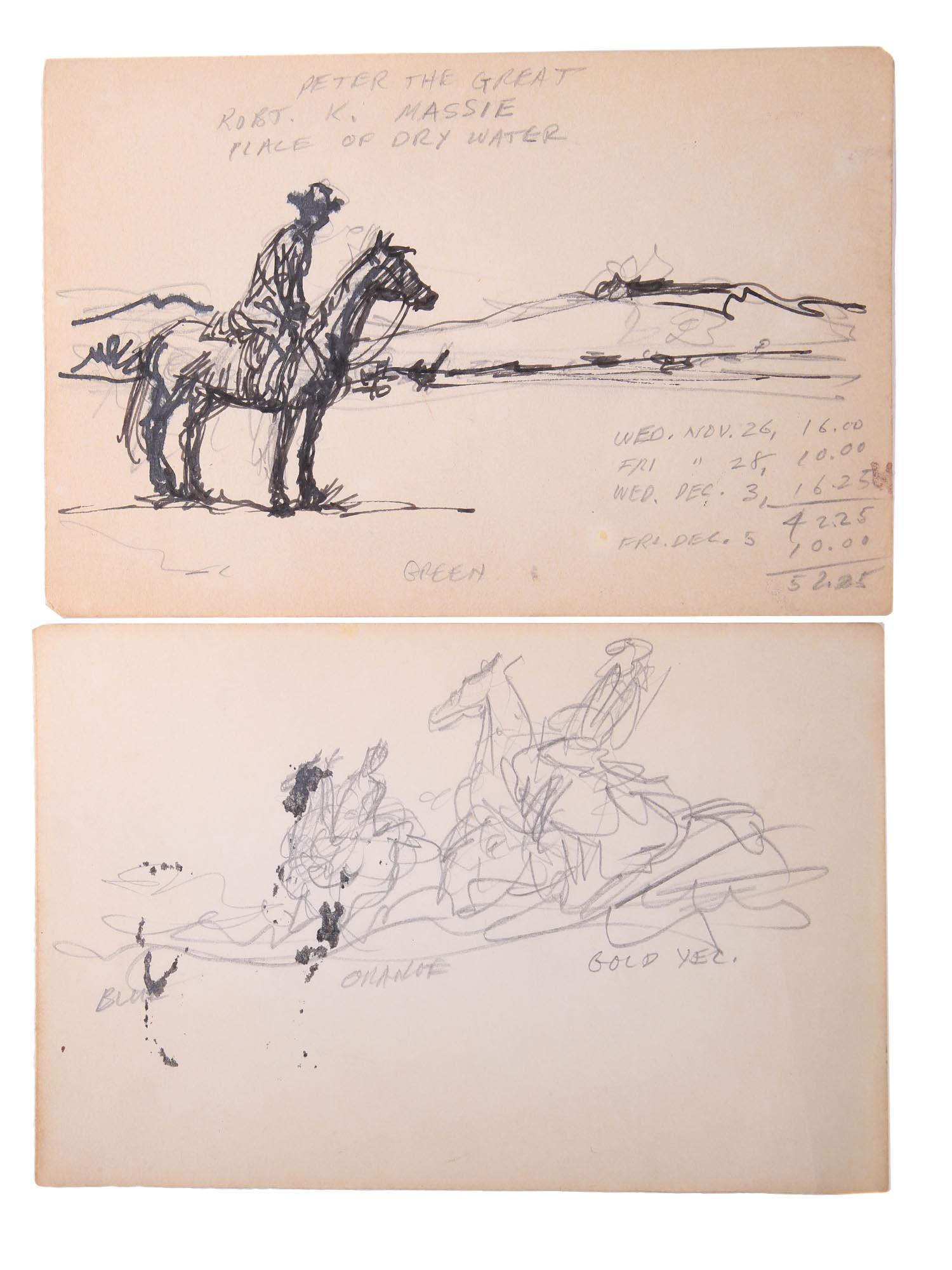AMERICAN SKETCH DRAWINGS BY WILLIAM FRACCIO: William Fraccio (American, 1920-2005) two sketch drawings in ink and pencil on paper from the portfolio Hunger of Memory by Richard Rodriguez depicting a man riding a horse. One is inscripted upper ce