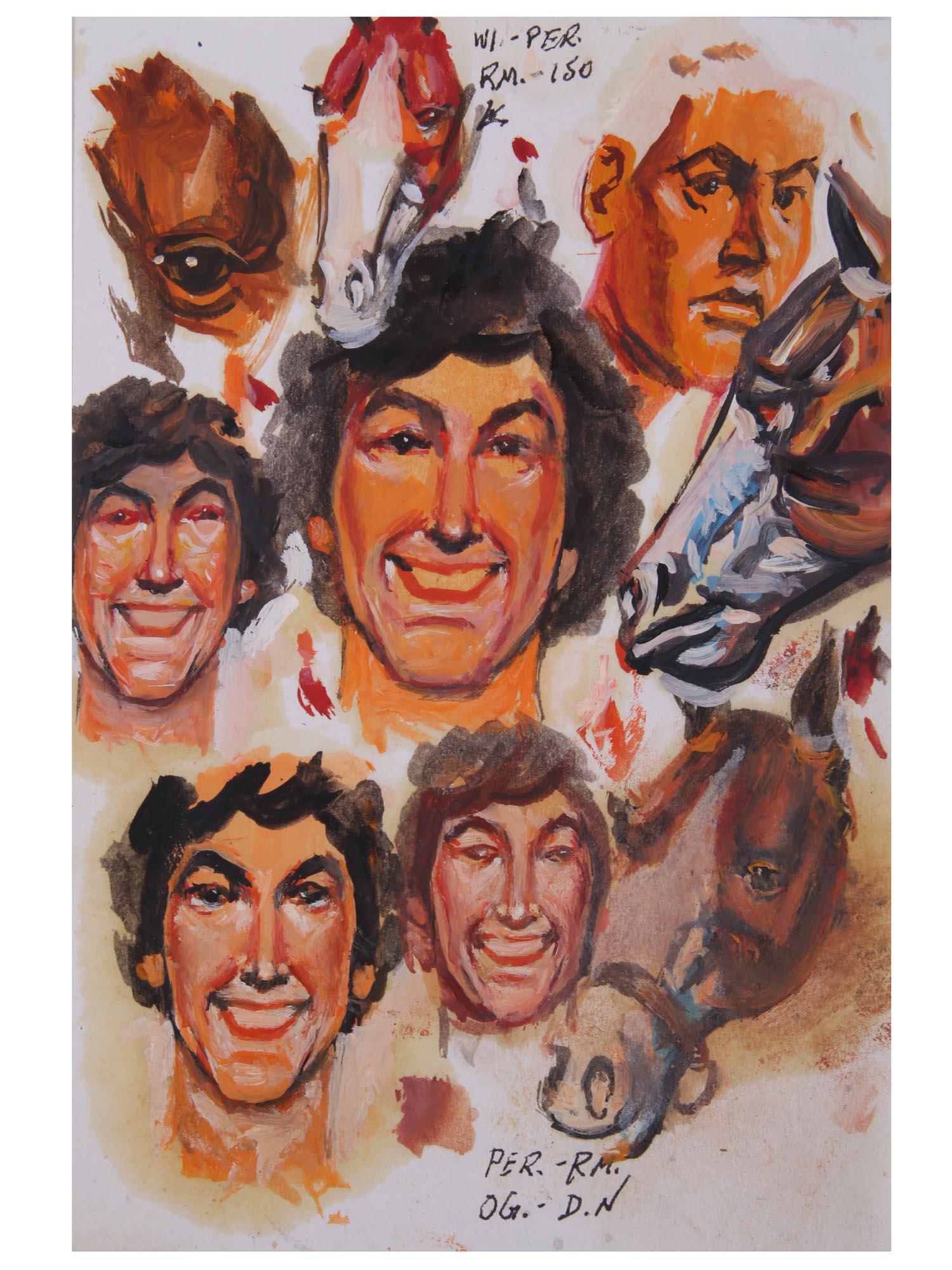 AMERICAN GOUACHE PAINTING SKETCH BY BILL FRACCIO: Bill (William) Fraccio (American, 1920-2005) gouache painting on paper, a sketch depicting a group of male and horse animal portraits, 2005. Signed and inscribed with initials upper and lower to the c