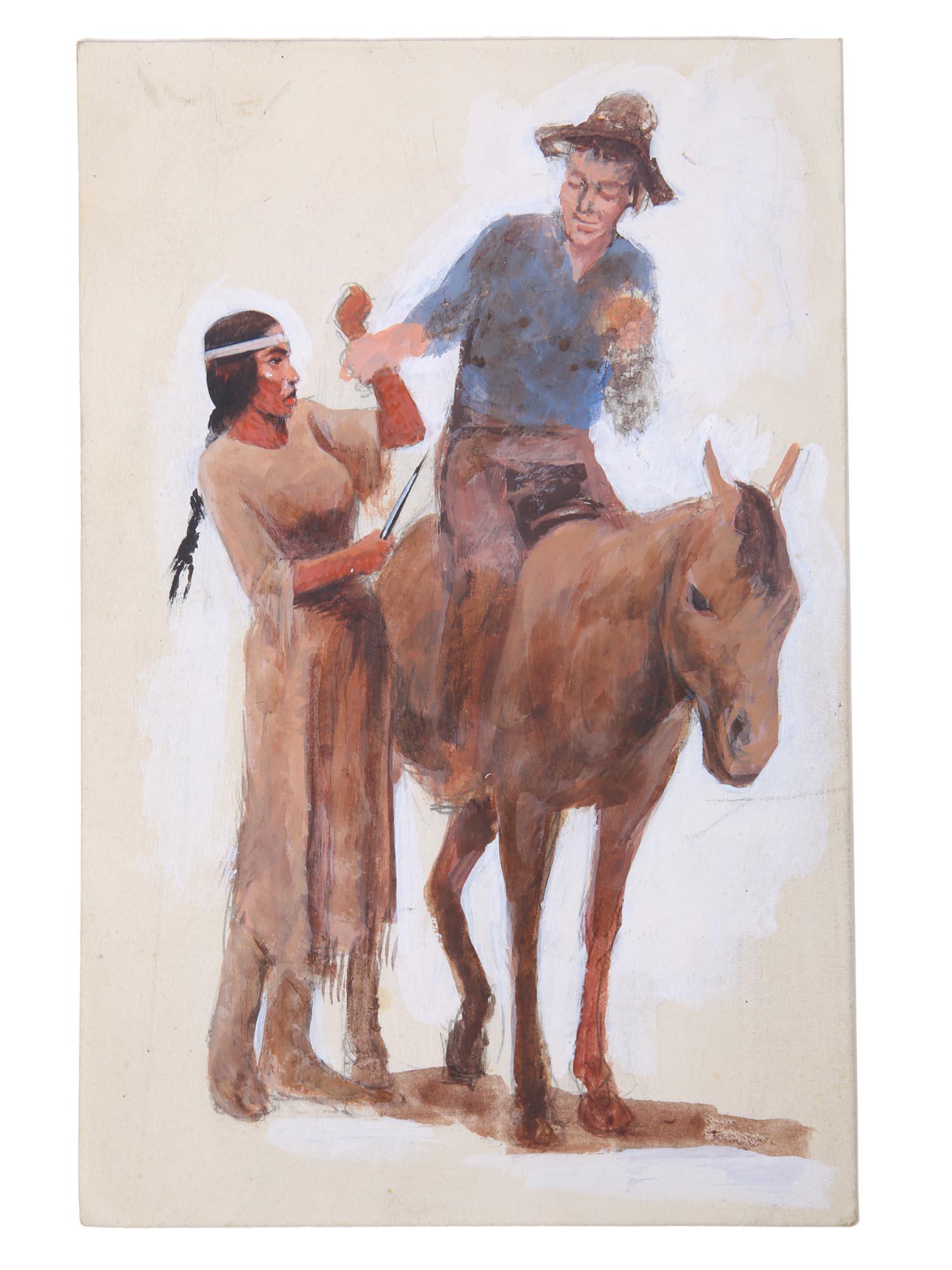 AMERICAN GOUACHE PAINTING BY WILLIAM FRACCIO: William Fraccio (American, 1920-2005) gouache sketch on paper painting from the portfolio Hunger of Memory by Richard Rodriguez depicting a fighting scene between an Indian girl and a man on a horse. 