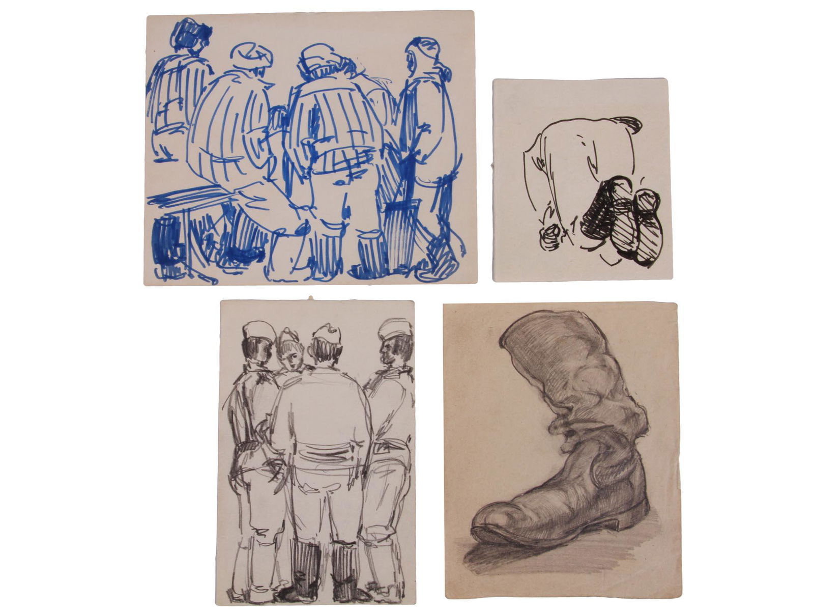 FOUR RUSSIAN AMERICAN PAINTINGS BY POLISHCHUK: Slava Polishchuk (Russian Soviet, American, born 1961) four blue or black ink, charcoal or pencil paintings on paper depicting various soldier sketch scenes and uniforms. All paintings are signed and