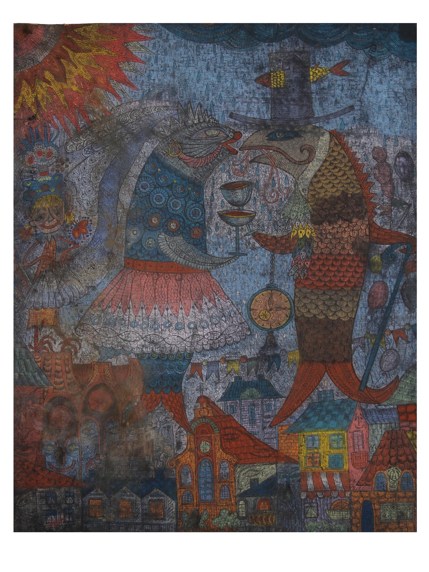 RUSSIAN PASTEL PAINTING SIGNED BY A OMELCHENKO: A. Yu. Omelchenko (Modern Russian Soviet artist) pastel painting on paper, Engagement, 1990. The painting depicts a surreal scene with fish. Signed by the artist, signed with monogram, titled, dated,