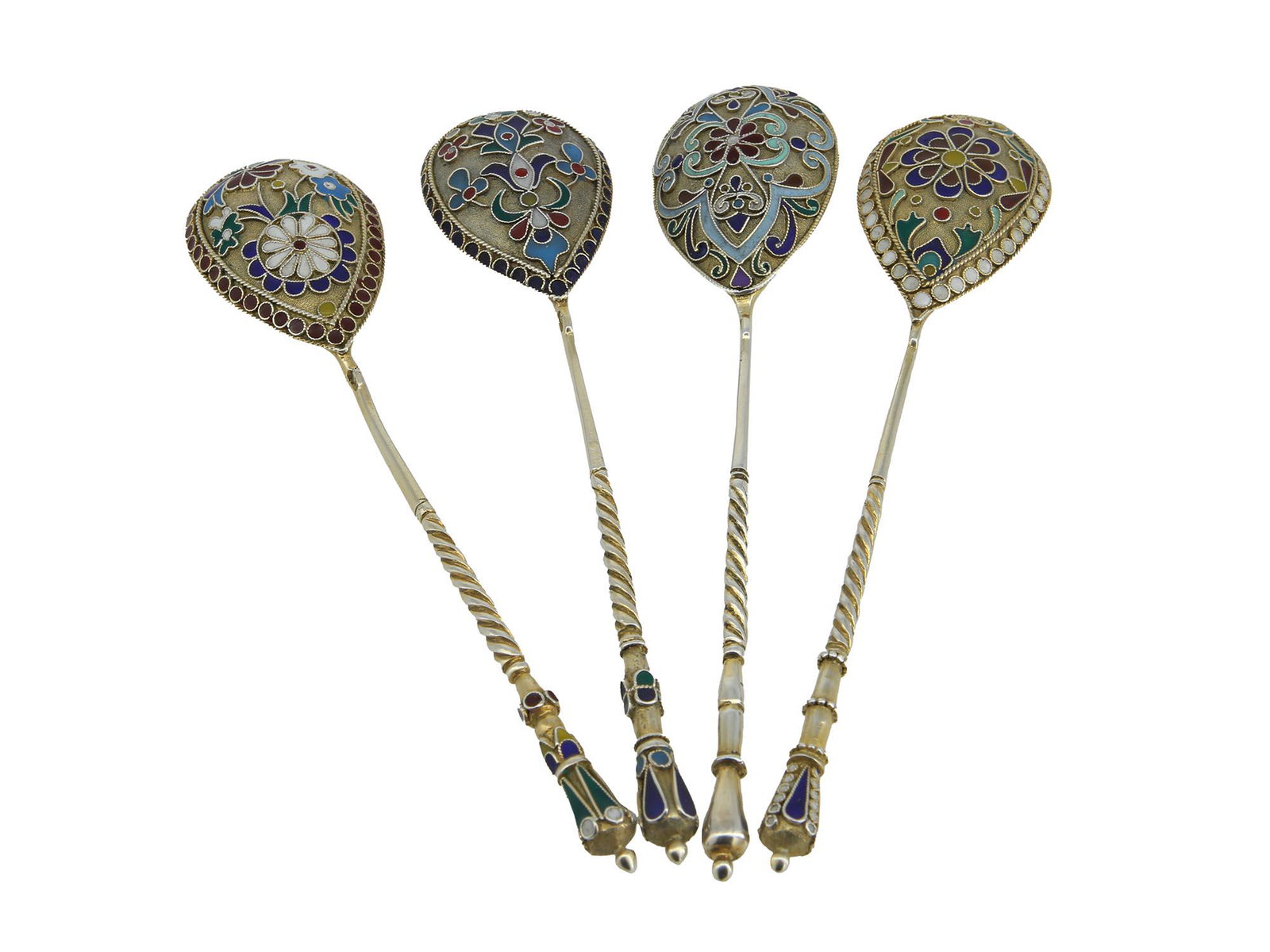 FOUR RUSSIAN GILT SILVER CLOISONNE ENAMEL SPOONS (1 of 7)