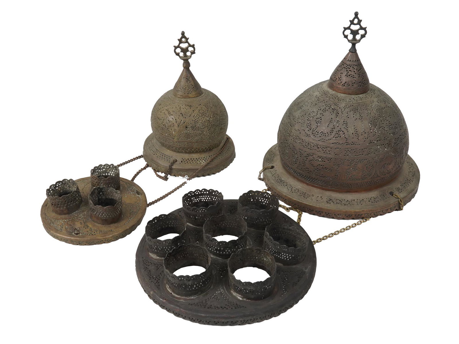 TWO ANTIQUE ORIENTAL ISLAMIC MOSQUE LAMPS, 19TH C (1 of 4)