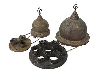 TWO ANTIQUE ORIENTAL ISLAMIC MOSQUE LAMPS, 19TH C (1 of 4)