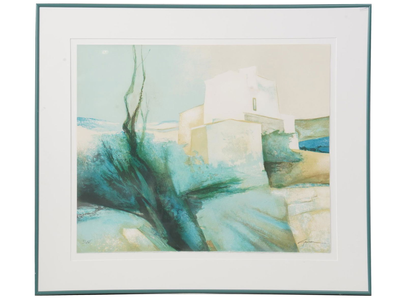 COLOR LITHOGRAPH LANDSCAPE PRINT BY CLOUD GAVEAU: Claude Gaveau (French, b. 1940) color lithograph depicting a modernist home among a lush landscape scene. Signed in pencil by the artist lower right and numbered 33 of 175 lower left. Framed. Claude G