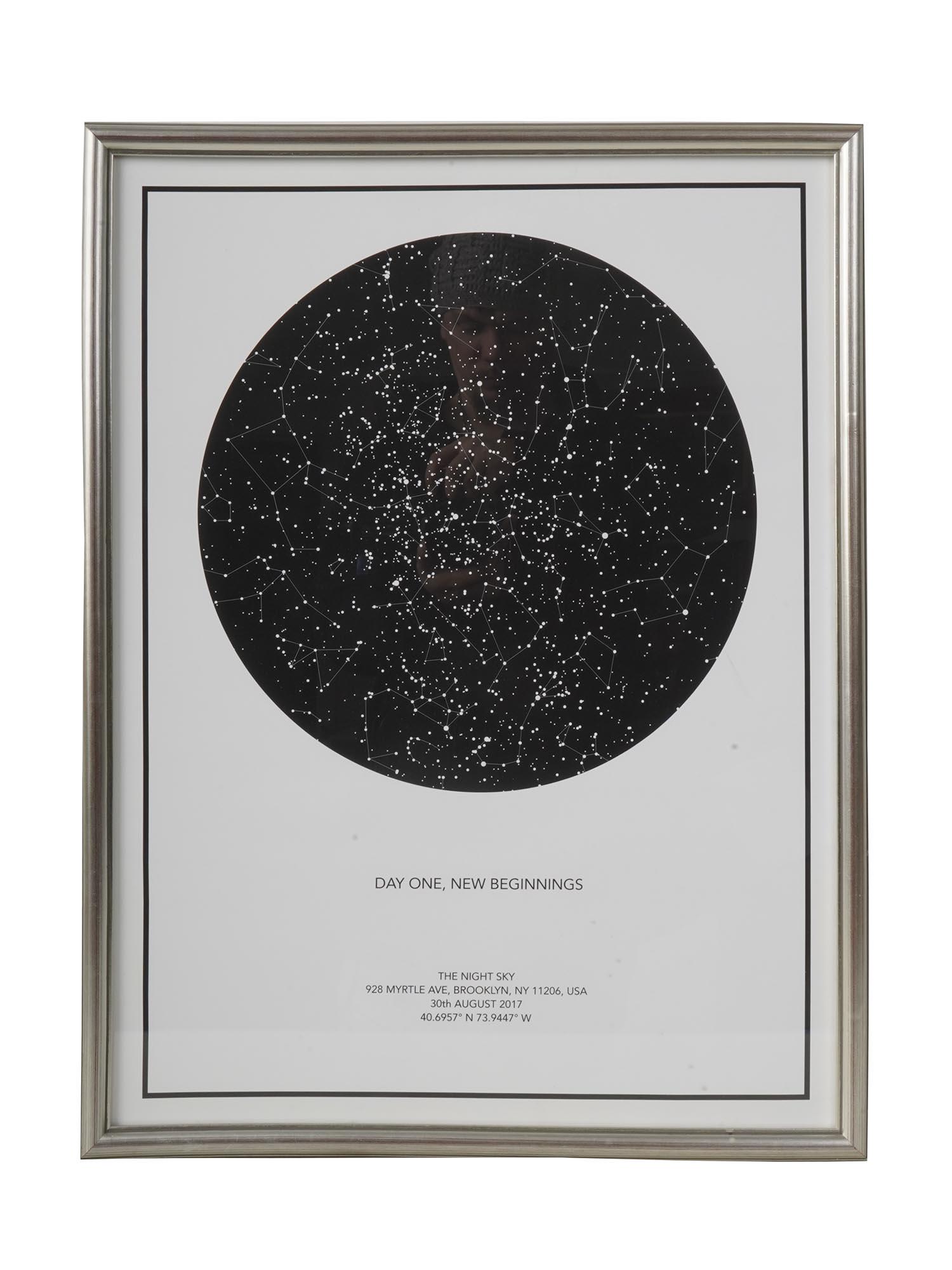 MINIMALISTIC STAR CONSTELLATIONS POSTER: A minimalistic poster depicting star constellations above Brooklyn, NY on August 17th, 2017. Caption: DAY ONE, NEW BEGINNINGS. Silver frame. Stylish Design Posters For Home Decor. Dimensions: Framed 2