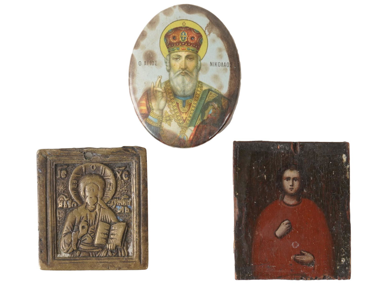 THREE ANTIQUE SMALL RUSSIAN ORTHODOX TRAVEL ICONS (1 of 2)