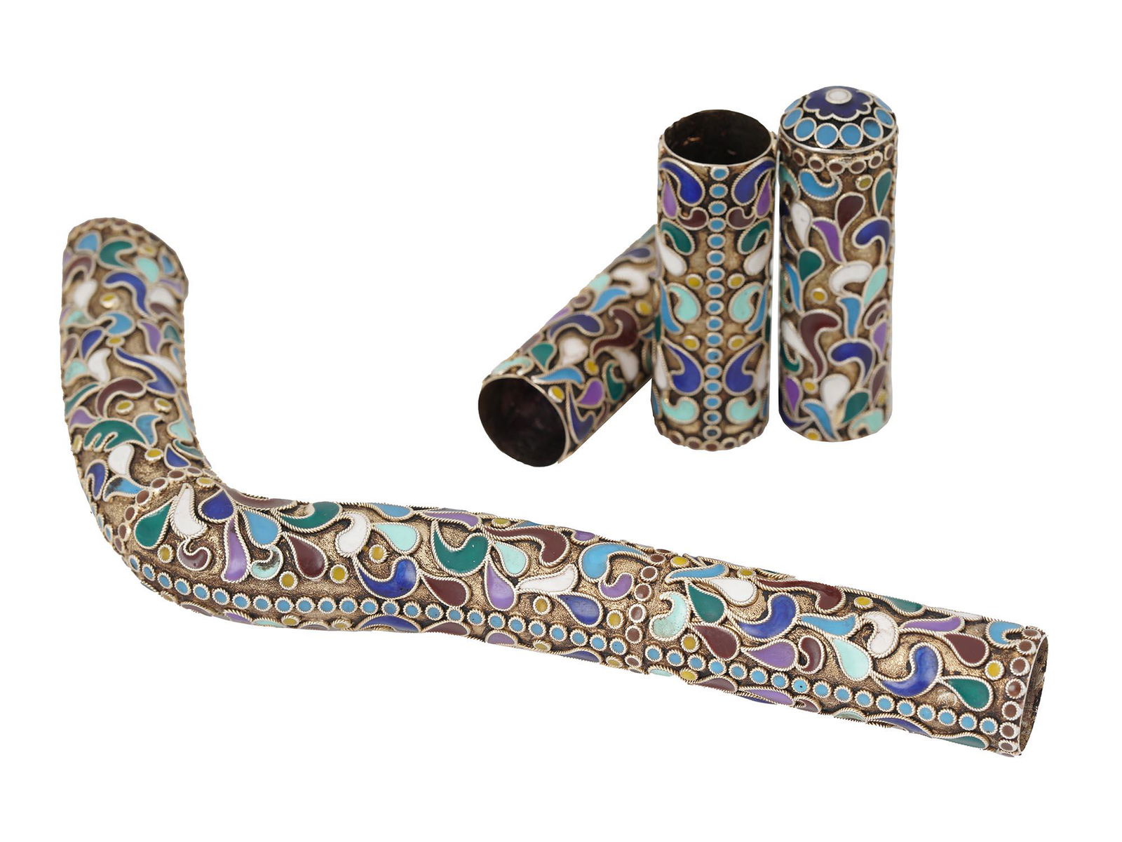 A RUSSIAN SILVER CLOISONNE ENAMEL FOUR PIECES CANE (1 of 10)