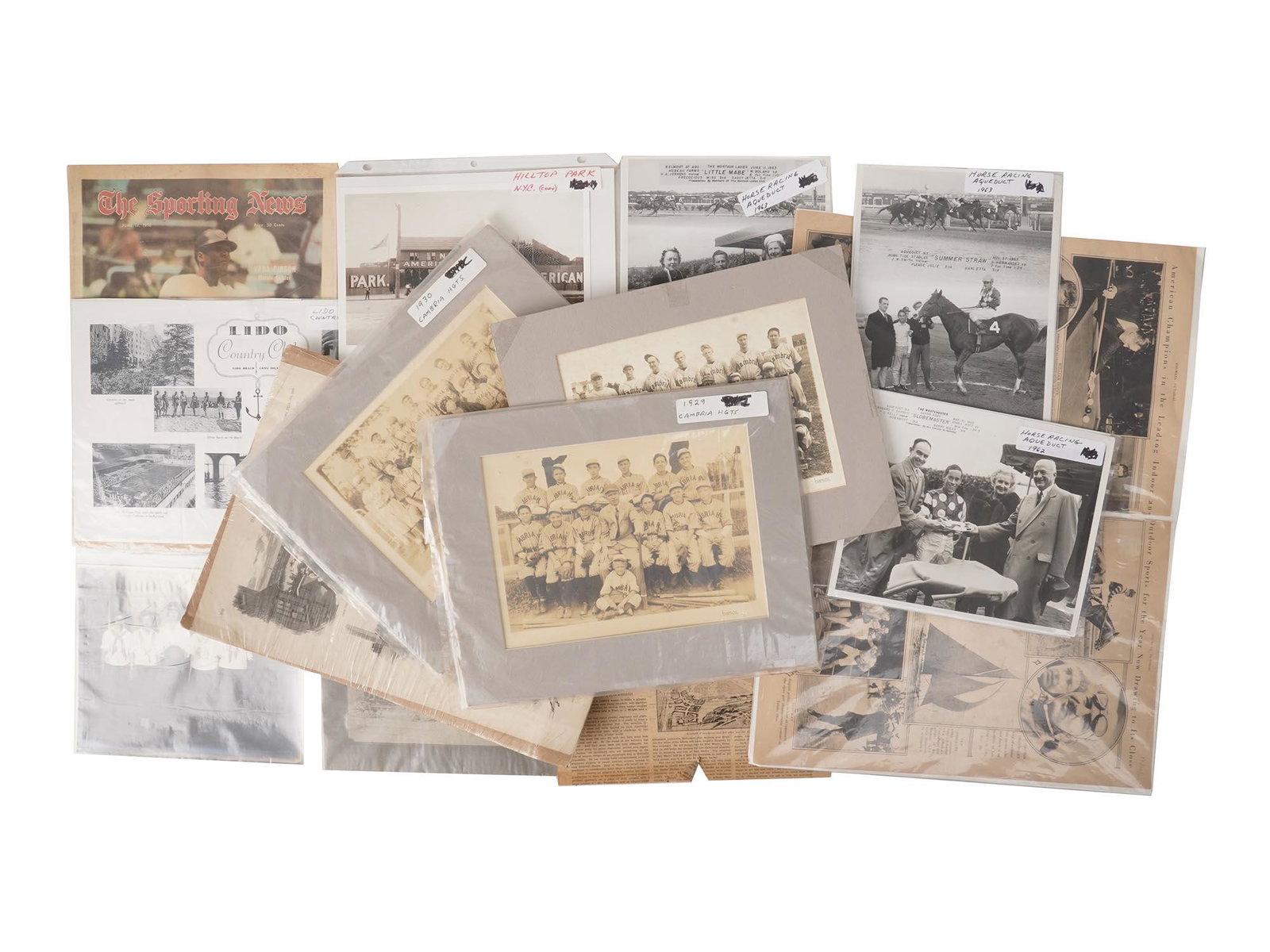 VINTAGE ANTIQUE AMERICAN SPORT PAPER COLLECTIBLES: A collection of vintage photo documentation prints including Lido Beach Country Club, Hilltop Park, Horse Race Aqueduct from the 1960s, Horse Shoeing at Newtown Creek Branch from the late 19th century
