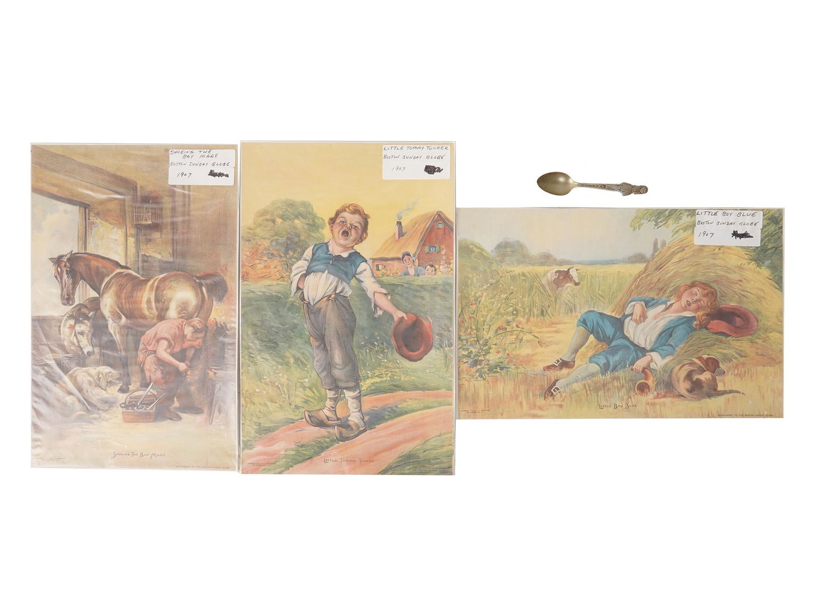 VTG BOSTON SUNDAY GLOBE DIONNE QUINTUPLETS SPOON: A set of three antique Boston Sunday Globe color picture supplement prints titled Shoeing the Bay Mare, Little Tommy Tucker, Little Boy Blue and dated 1907. Also contains a vintage Annette Dionne Quin