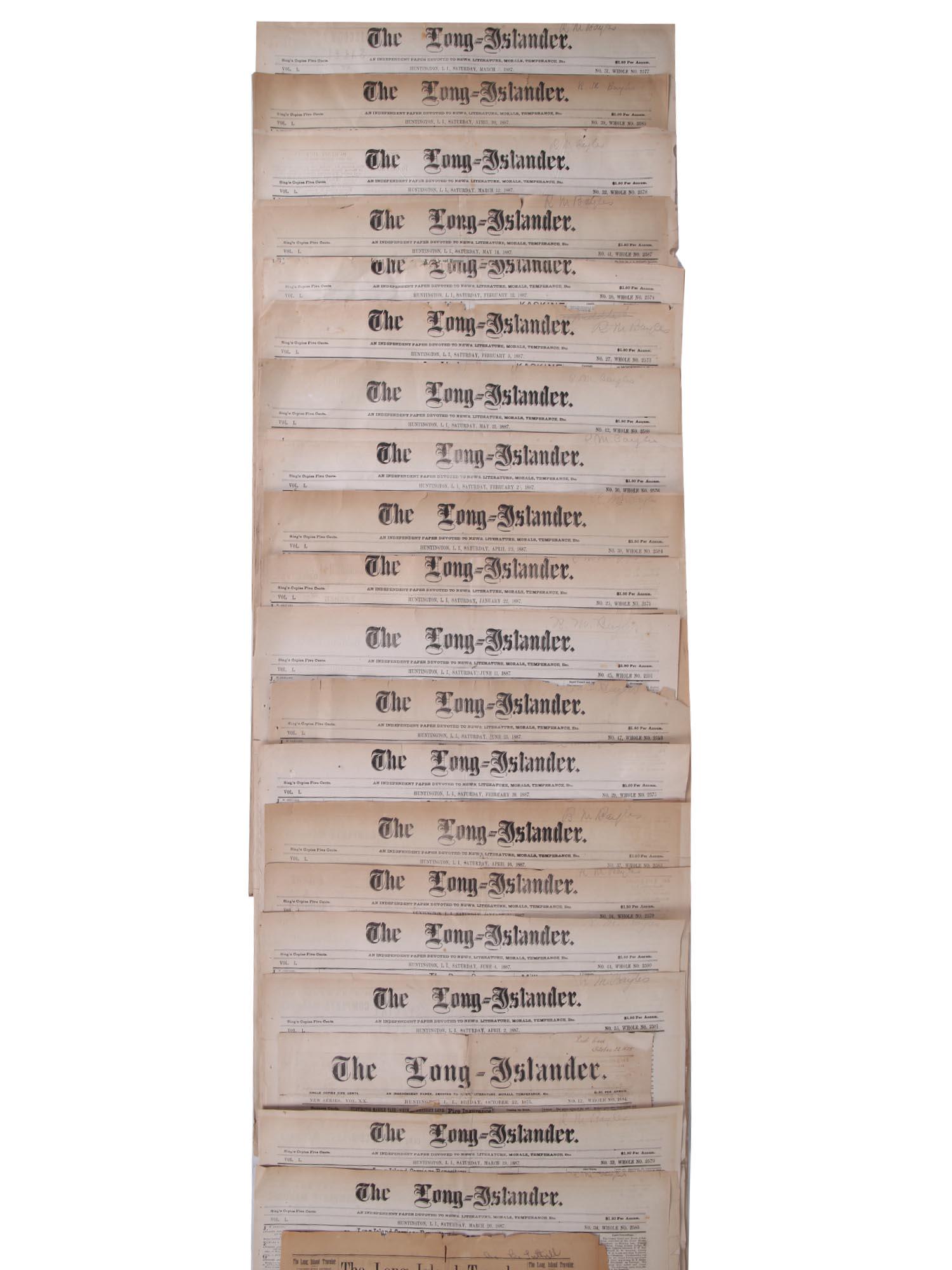 ANTIQUE NEWSPAPERS THE LONG-ISLANDER AND TRAVELER: The lot includes 20 editions of The Long-Islander newspaper for 1887. And 1 edition of The Long Island Traveler, 1880. Long Islander News is a local news organization that covers the town of Huntingto