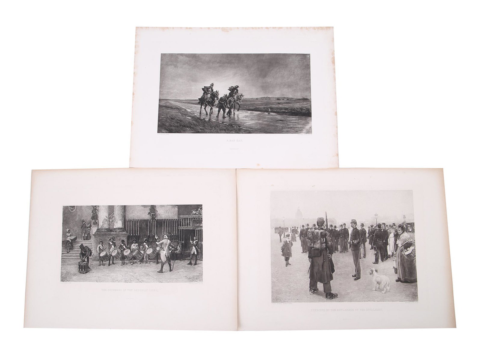 ANTIQUE 19TH CENTURY ETCHINGS MILITARY ART: A collection of black and white antique etchings of different French academic paintings printed by Gebbie and Co, a British photogravure workshop which was most prominent in the 1880-1890s. The engrav