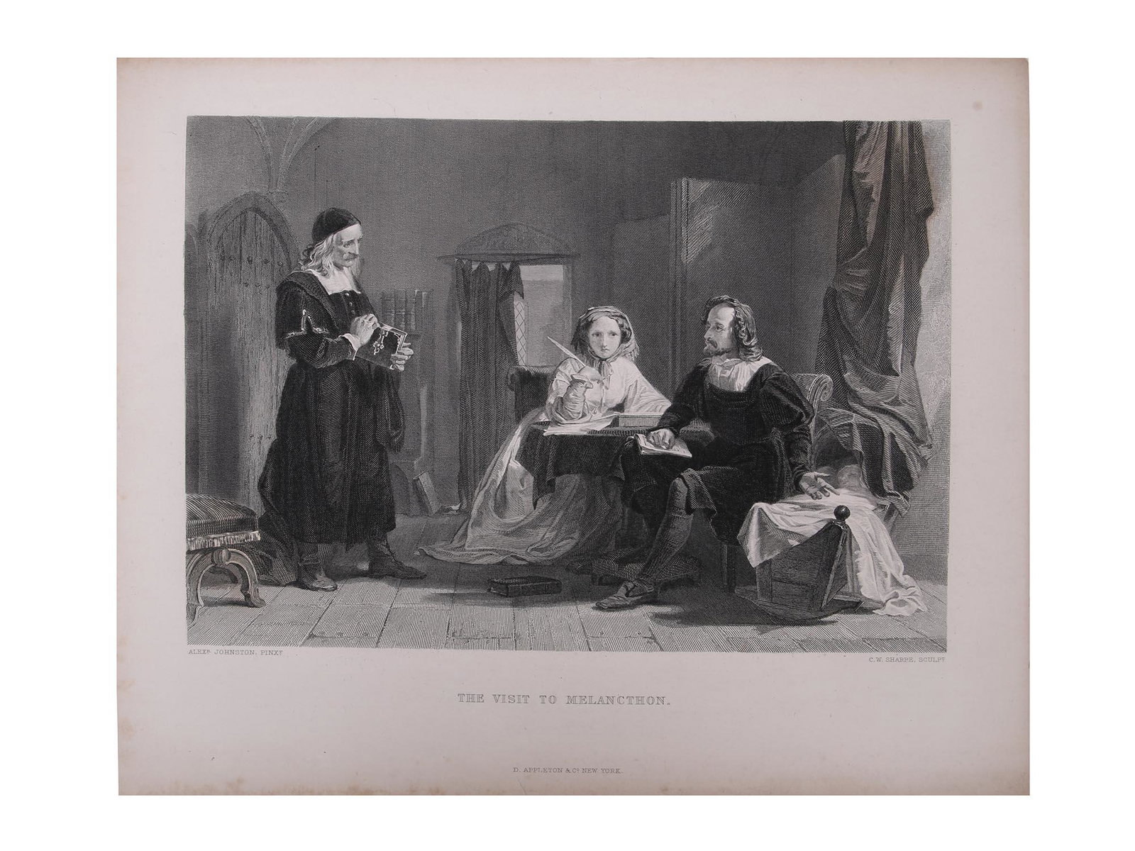 ANTIQUE ETCHING VISIT MELANCHTON AFTER A JOHNSTON: An antique etching of a painting by Alexander Johnston, 1816-1891, Scottish painter. The Visit to Melanchton. Engraved by C.W. Sharpe, 1863. Published in the Art Journal. Printed by D. Appleton & Comp