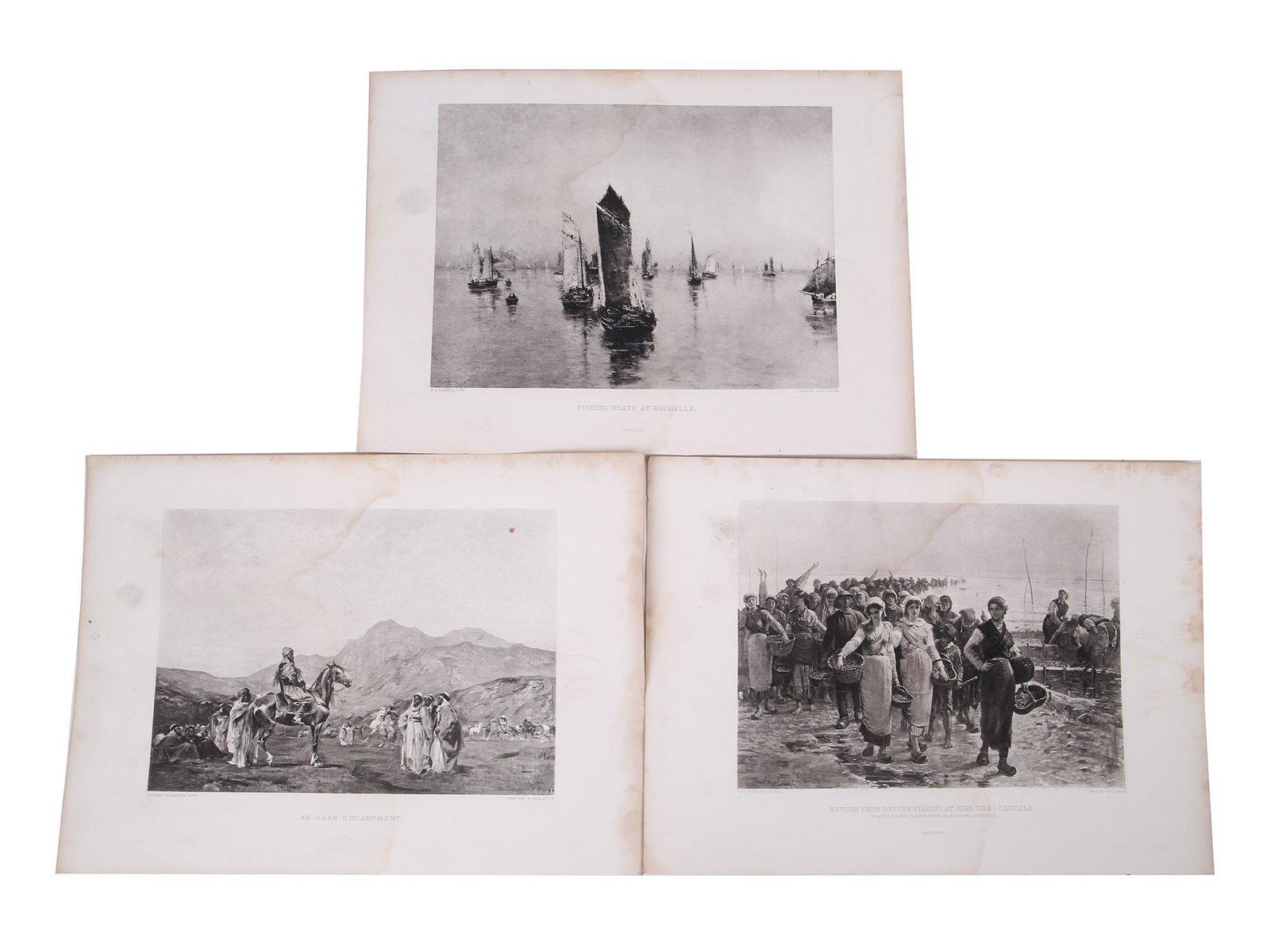 ANTIQUE 19TH CENTURY BLACK AND WHITE ETCHINGS: A collection of black and white antique etchings of different French academic paintings printed by Gebbie and Co, a British photogravure workshop which was most prominent in the 1880-1890s. The engrav
