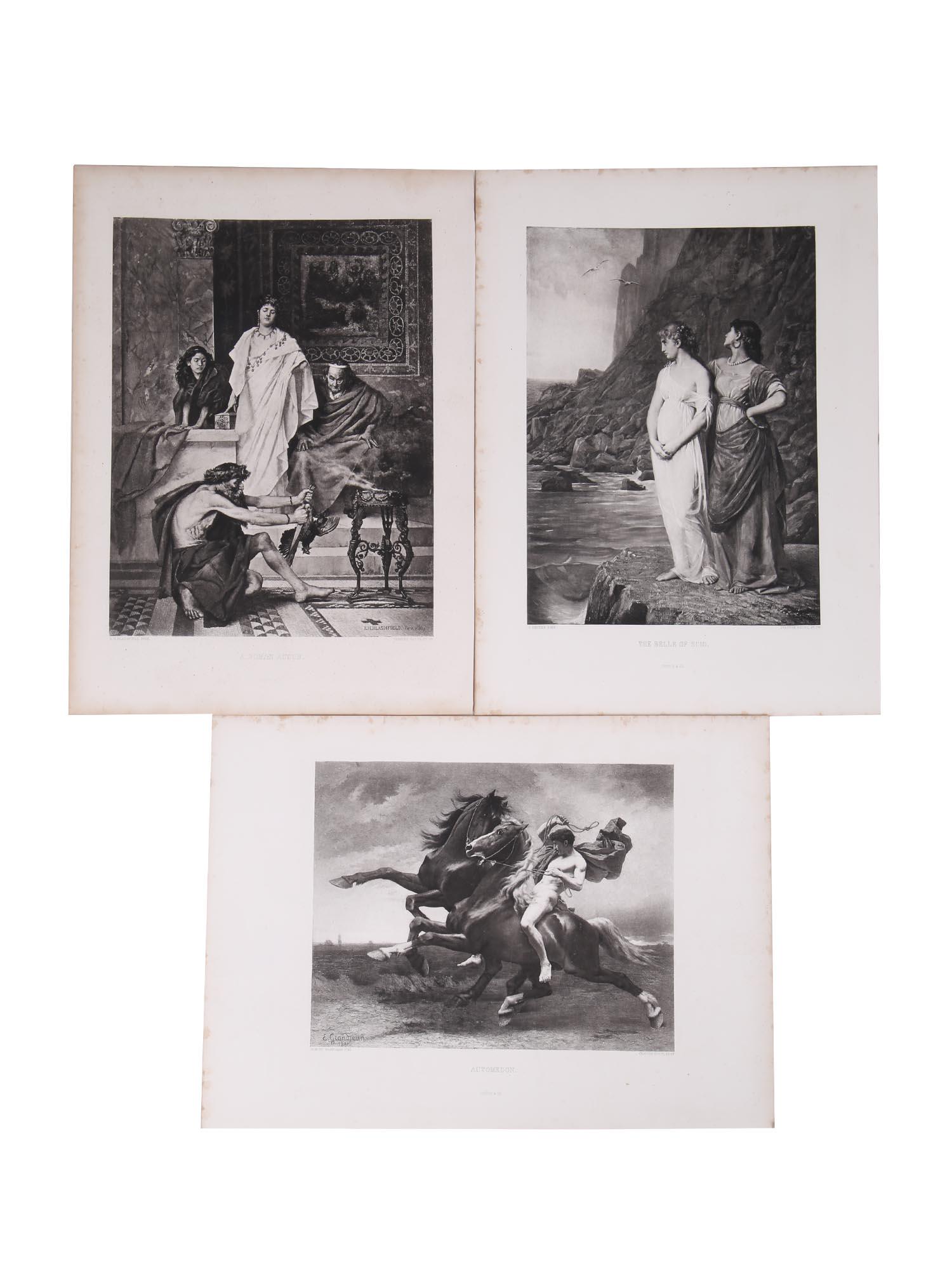 ANTIQUE 19TH CENTURY ETCHINGS NEOCLASSIC ART: A collection of black and white antique etchings of different French academic paintings printed by Gebbie and Co, a British photogravure workshop which was most prominent in the 1880-1890s. The engrav