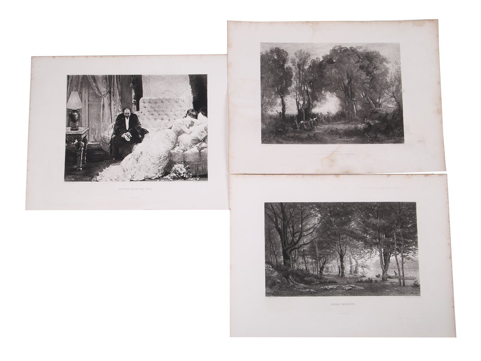 ANTIQUE 19TH CENTURY ETCHINGS ROMANTICISM ART: A collection of black and white antique etchings of different French academic paintings printed by Gebbie and Co, a British photogravure workshop which was most prominent in the 1880-1890s. The engrav