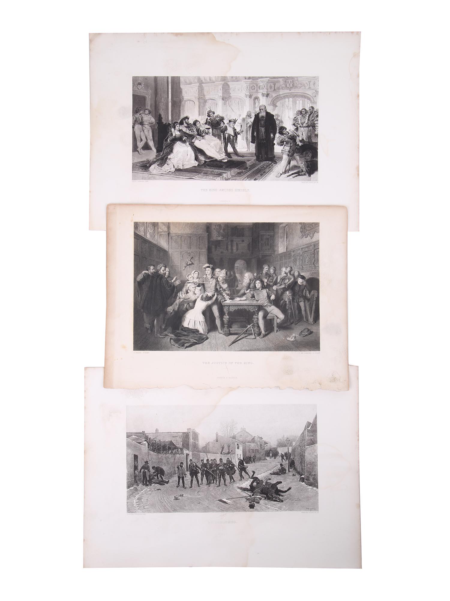 ANTIQUE 19TH CENTURY HISTORICAL ART ETCHINGS: A collection of black and white antique etchings of different academic art printed by Gebbie and Co, a British photogravure workshop which was most prominent in the 1880-1890s. The engravings were com