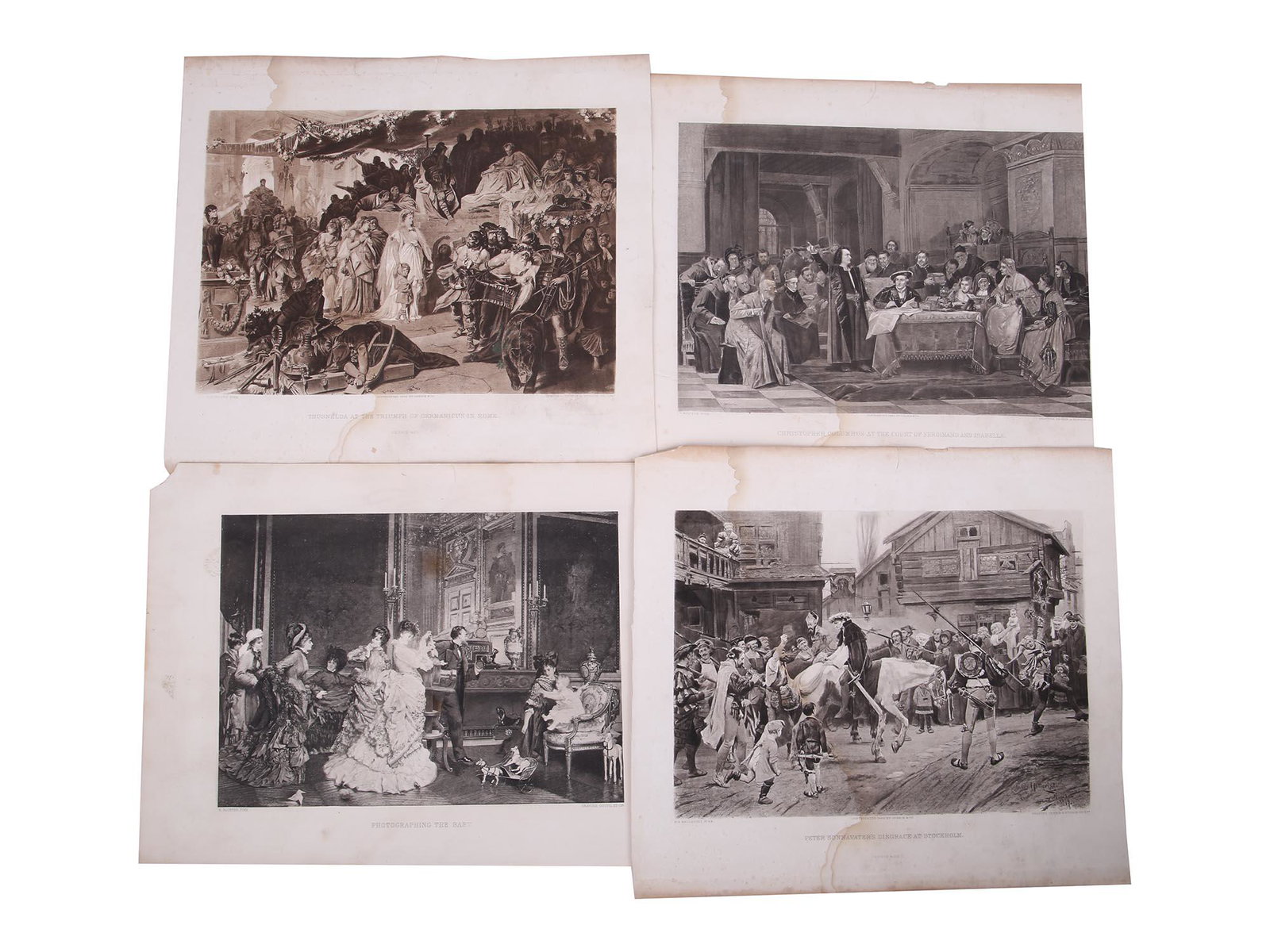 ANTIQUE 19TH CENTURY HISTORICAL ART ETCHINGS: A collection of black and white antique etchings of different European academic art printed by Gebbie and Co, a British photogravure workshop which was most prominent in the 1880-1890s. The engravings