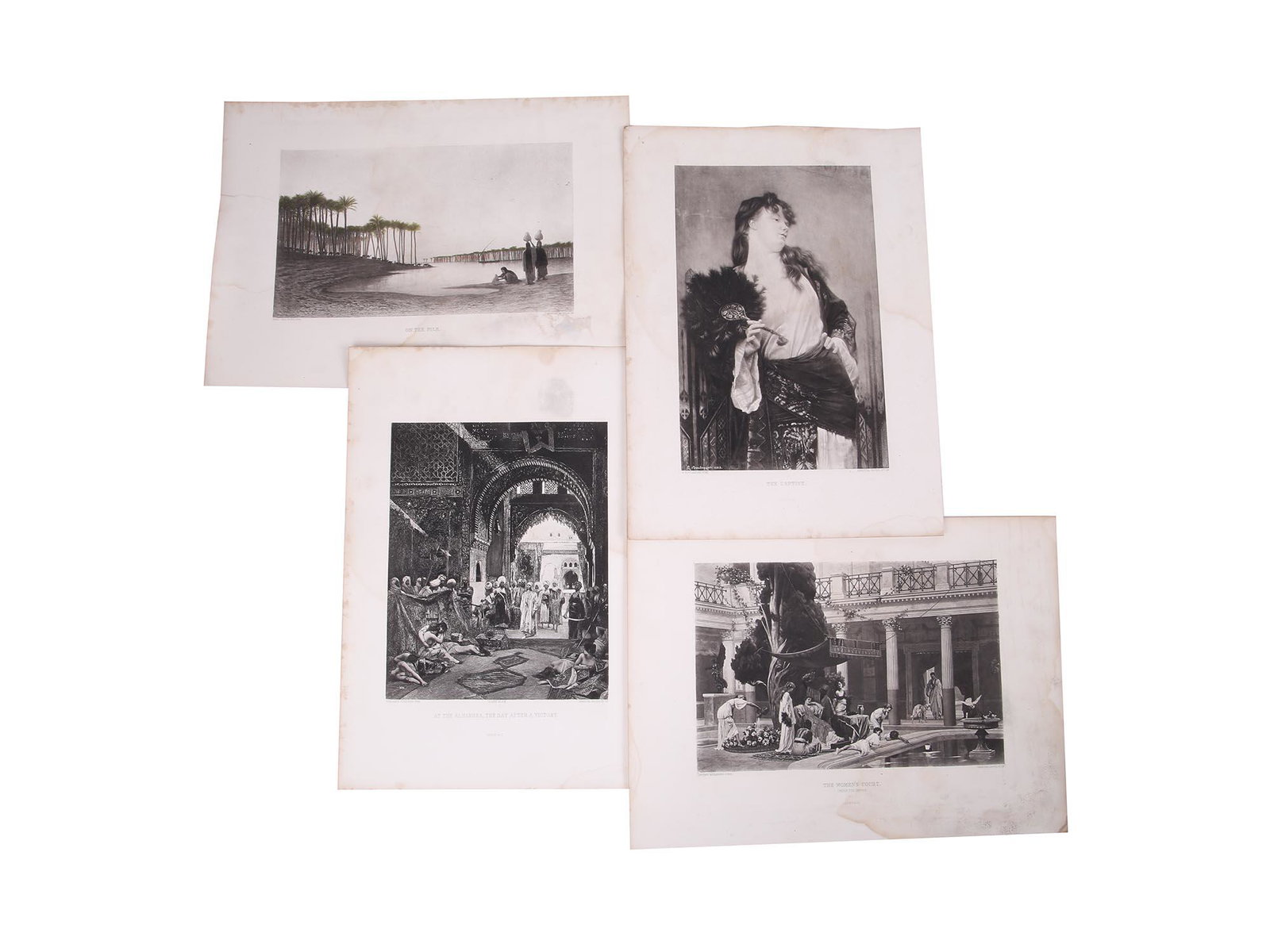 ANTIQUE 19TH CENTURY ORIENTAL ART ETCHINGS: A collection of black and white antique etchings of different European academic art printed by Gebbie and Co, a British photogravure workshop which was most prominent in the 1880-1890s. The engravings