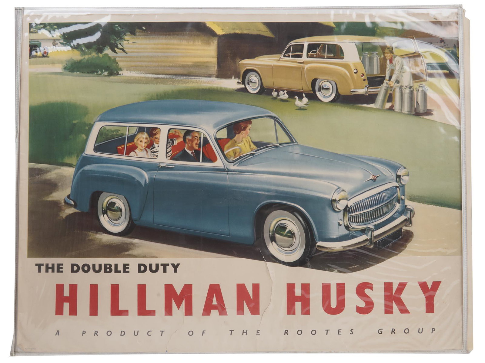 VINTAGE 1955 HILLMAN HUSKY DOUBLE DUTY POSTER: Vintage 1955 colored advertisement for the Hillman Husky Double Duty model. Hillman Husky was a line of British passenger vehicles manufactured between 1954 and 1970 by Hillman. Comes in protective pl