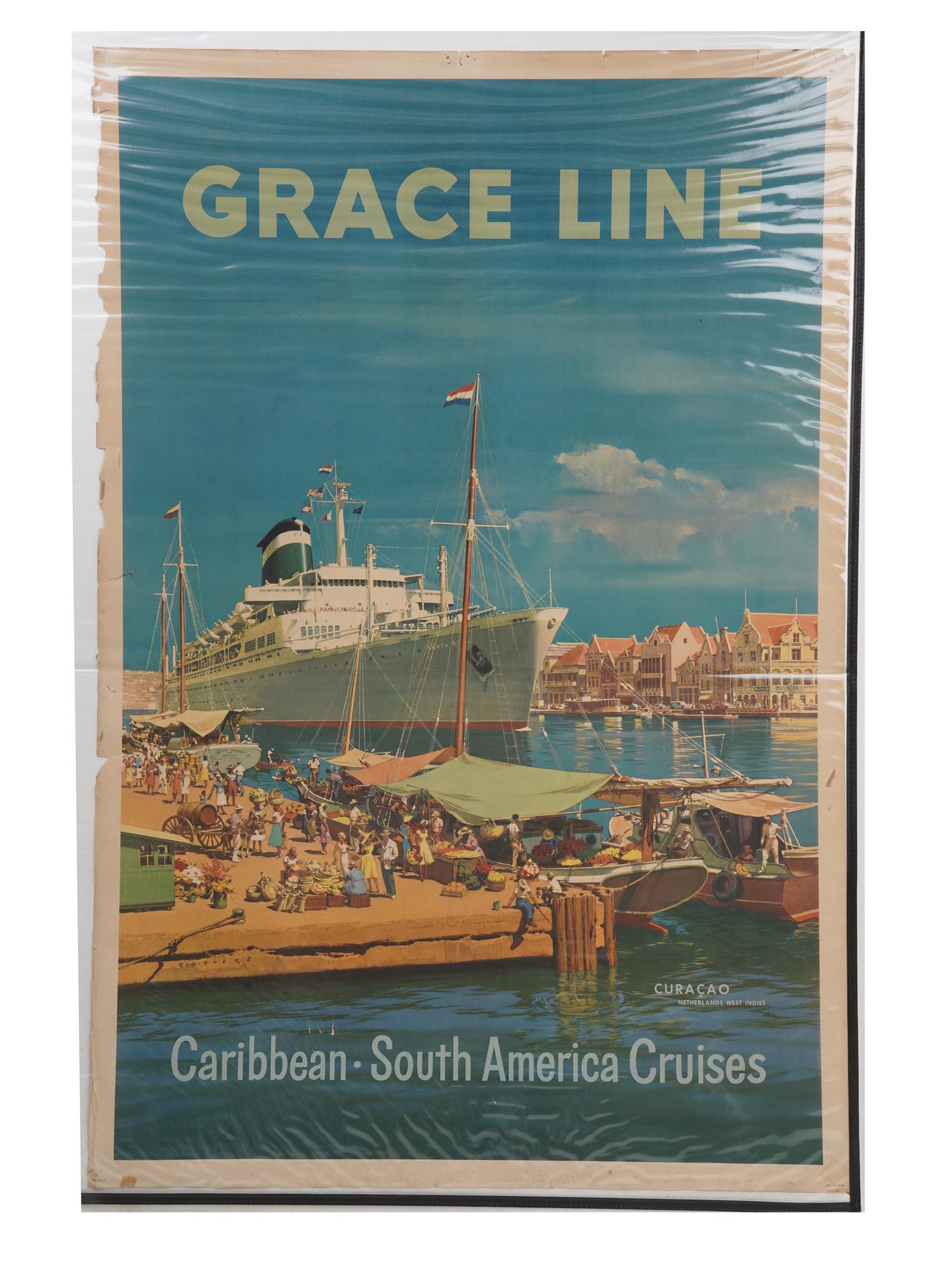 ORIGINAL 1957 GRACE LINE ADS TRAVEL POSTER: An original colored Grace Line advertisement poster. Lithography, dated 1957. A trade port in Curacao. Comes in plastic protecting packaging. Vintage American Travel Ship Posters For Interior Design. 