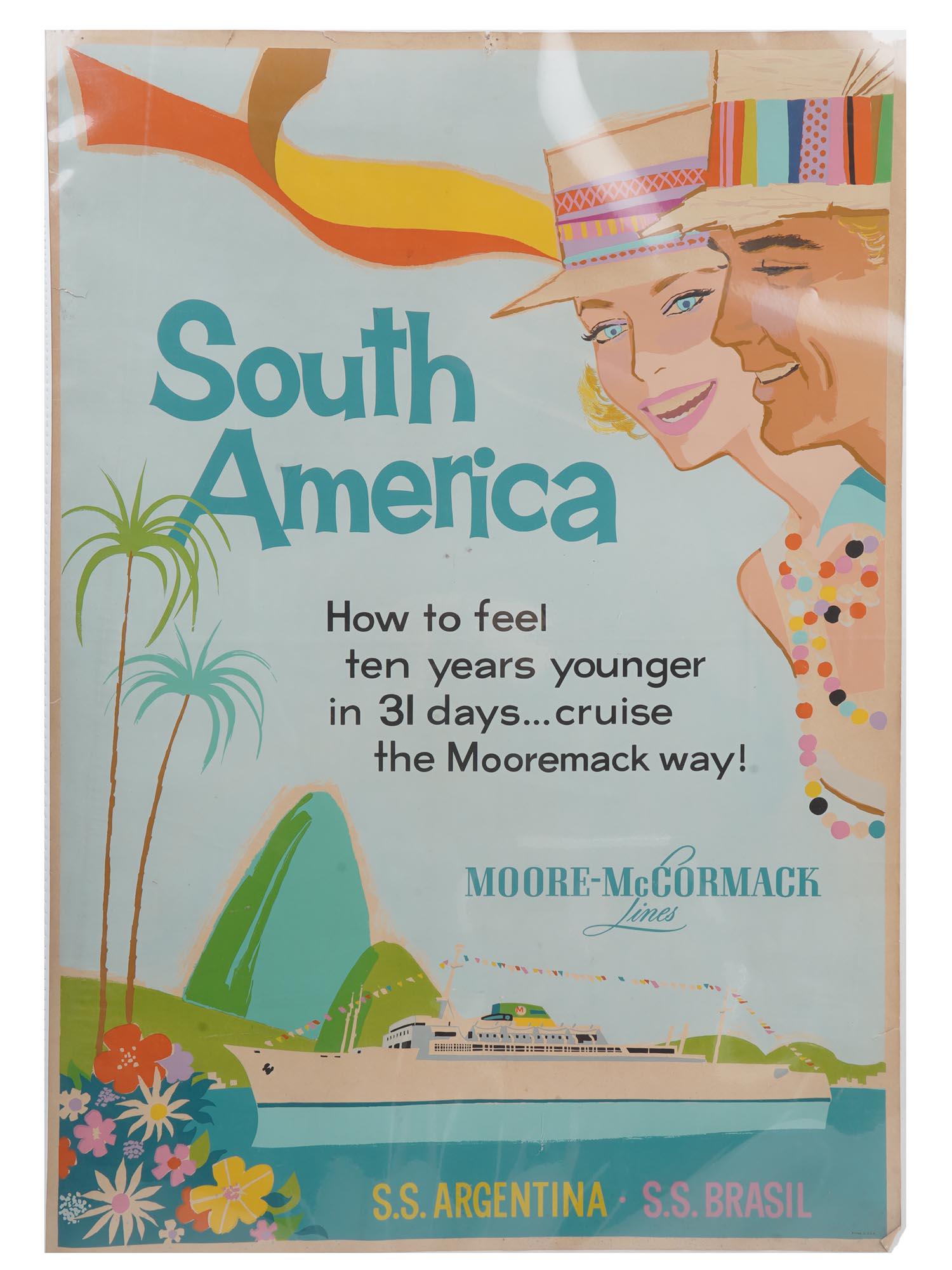 ORIGINAL MOORE MCCORMACK LITHO TRAVEL POSTER: An original colored Moore-McCormack Lines advertisement poster. Lithography, 1950s. Graphic design, South American coast and a portrait of a US couple. Comes in plastic protecting packaging. Vintage A