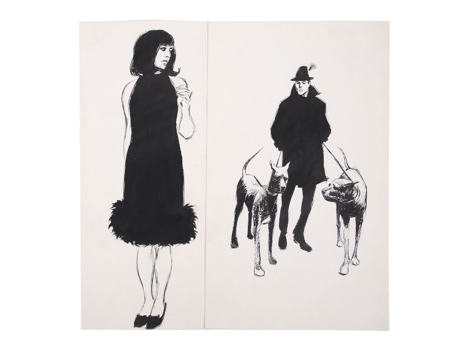 TWO FASHION DRAWINGS BY BILL FRACCIO INK ON PAPER (1 of 5)