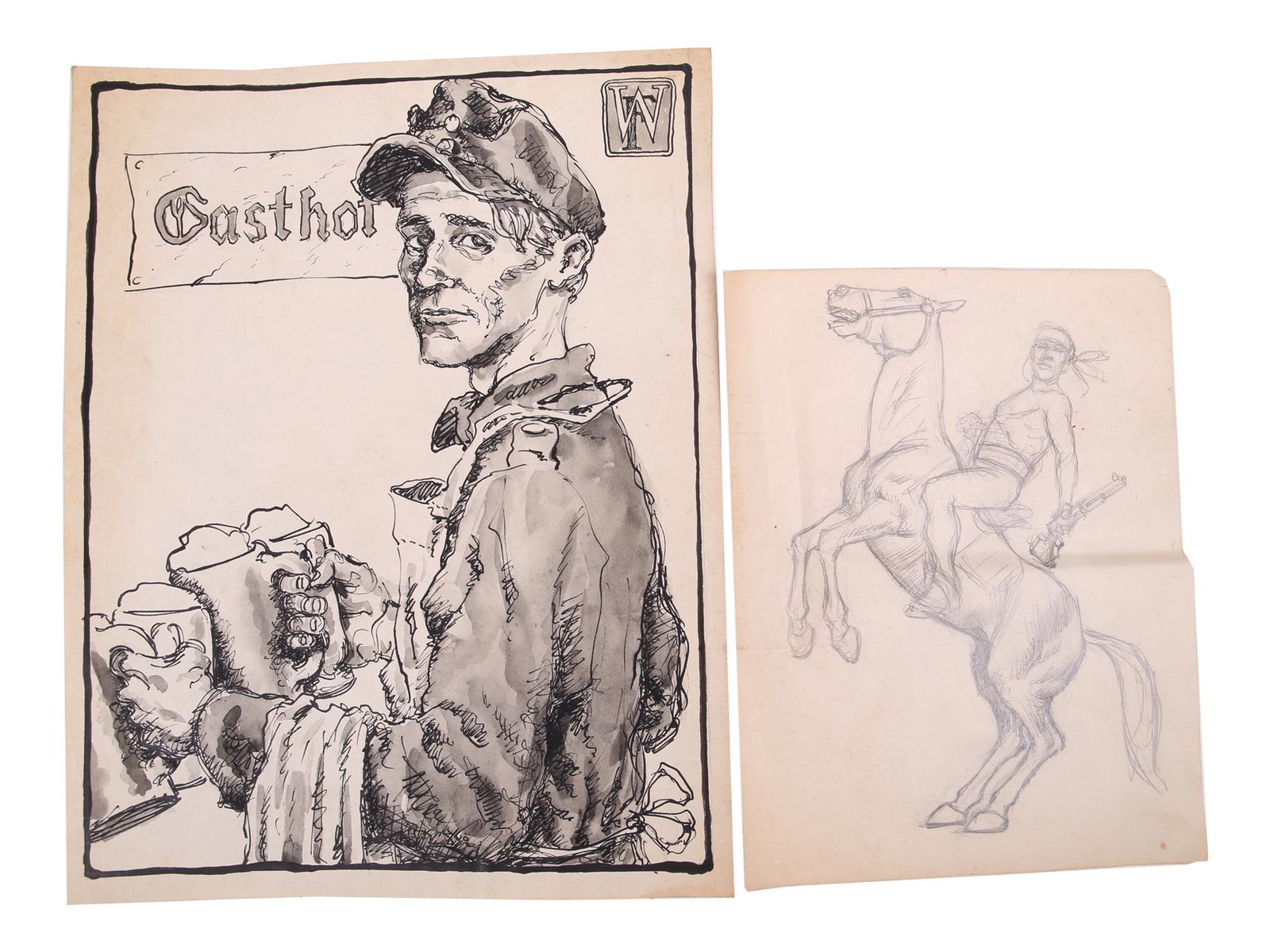 TWO DRAWINGS BY BILL FRACCIO ADVENTURE STORIES: Bill Fraccio, American comic book artist, 1920-2005. A set of two graphic pieces on paper. First. An ink and watercolor drawing depicting a waiter with beer glasses in hands. A plaque in the back says