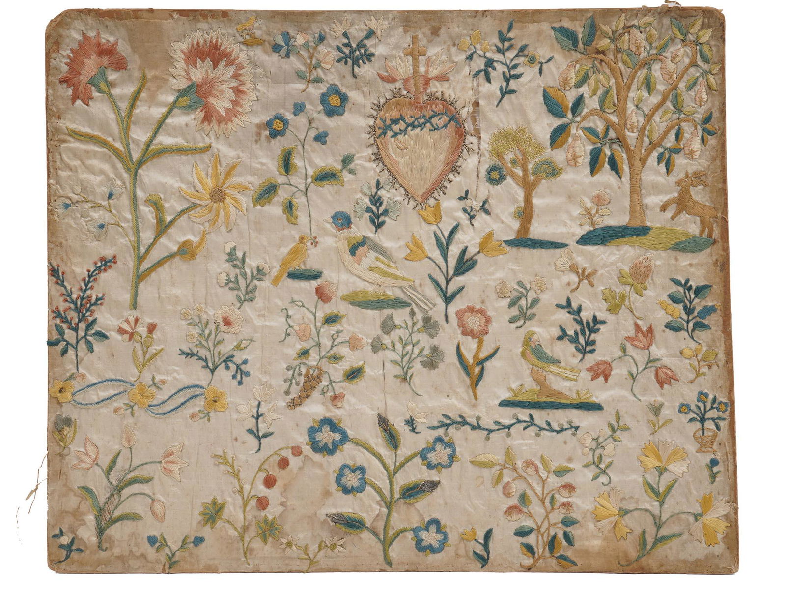 ANTIQUE NEEDLE WORK EMBROIDERY FLOWERS ON SILK (1 of 3)