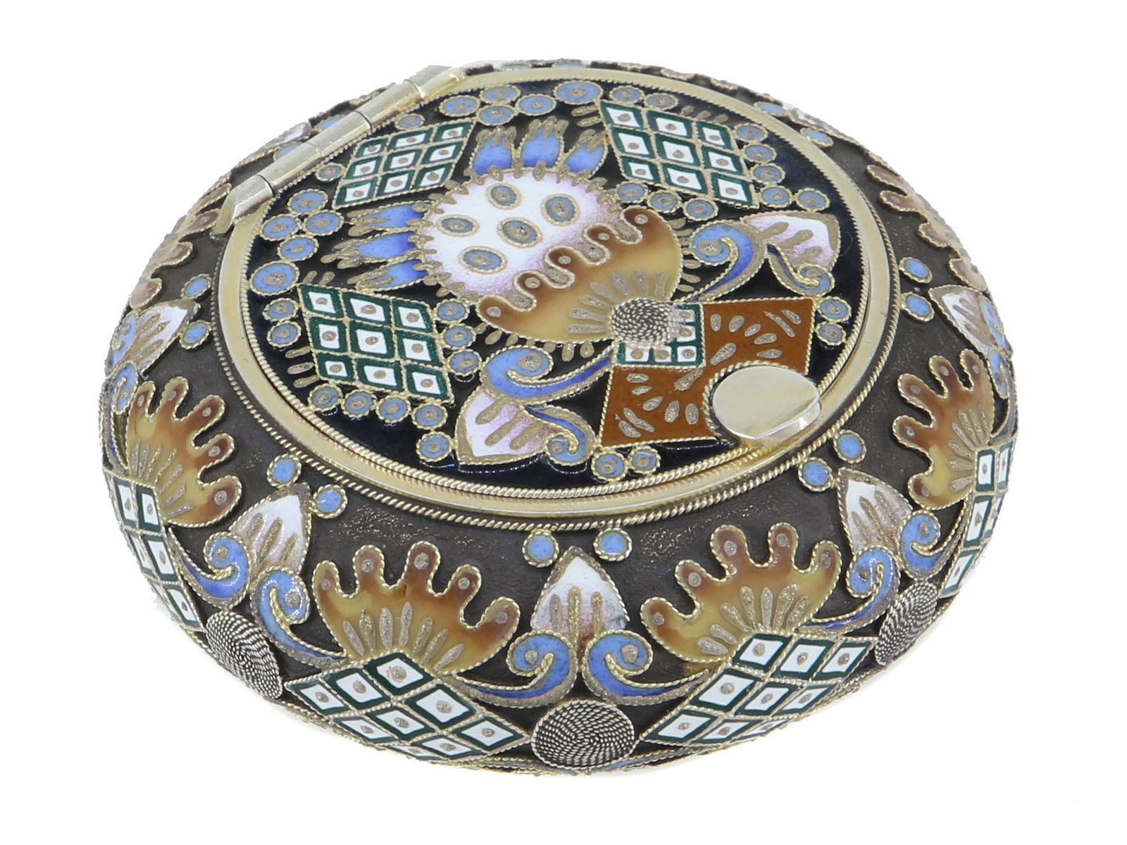 RUSSIAN SILVER AND CLOISONNE ENAMEL PILLBOX (1 of 5)